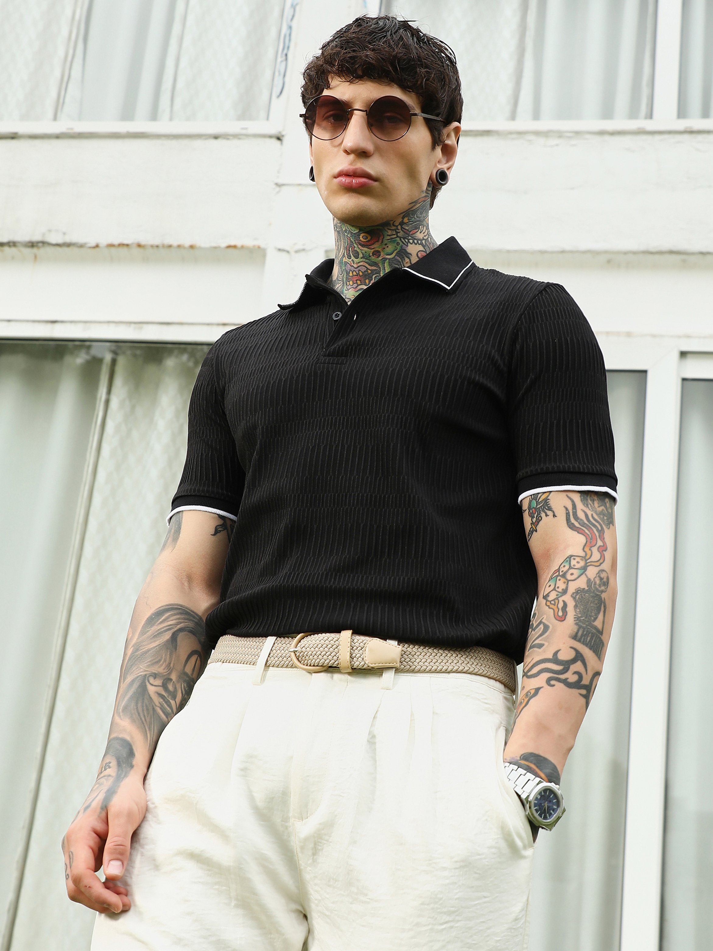 Men Black Textured Knit Polo