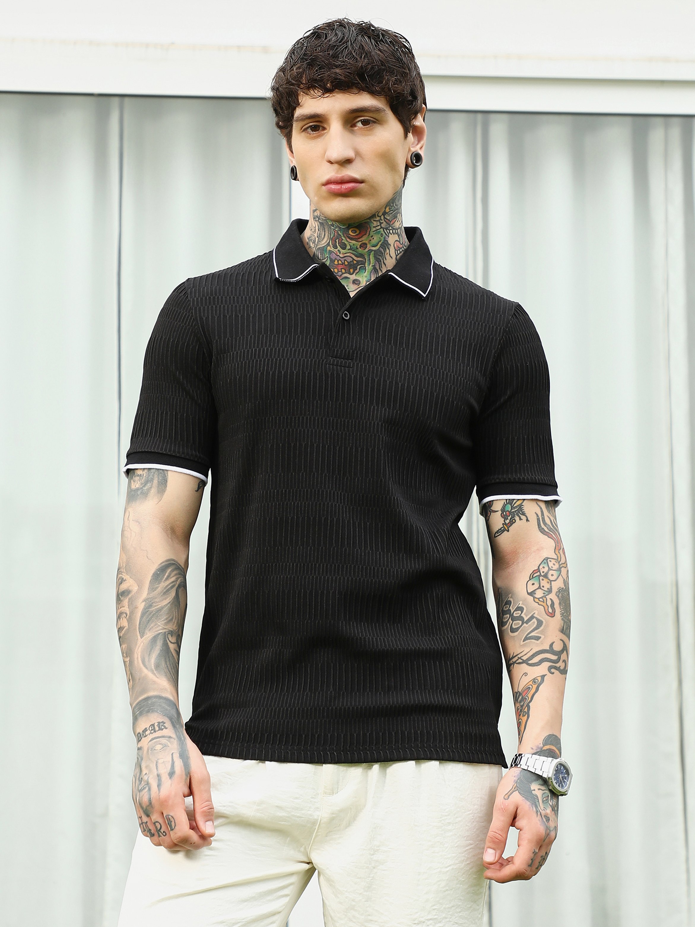 Men Black Textured Knit Polo
