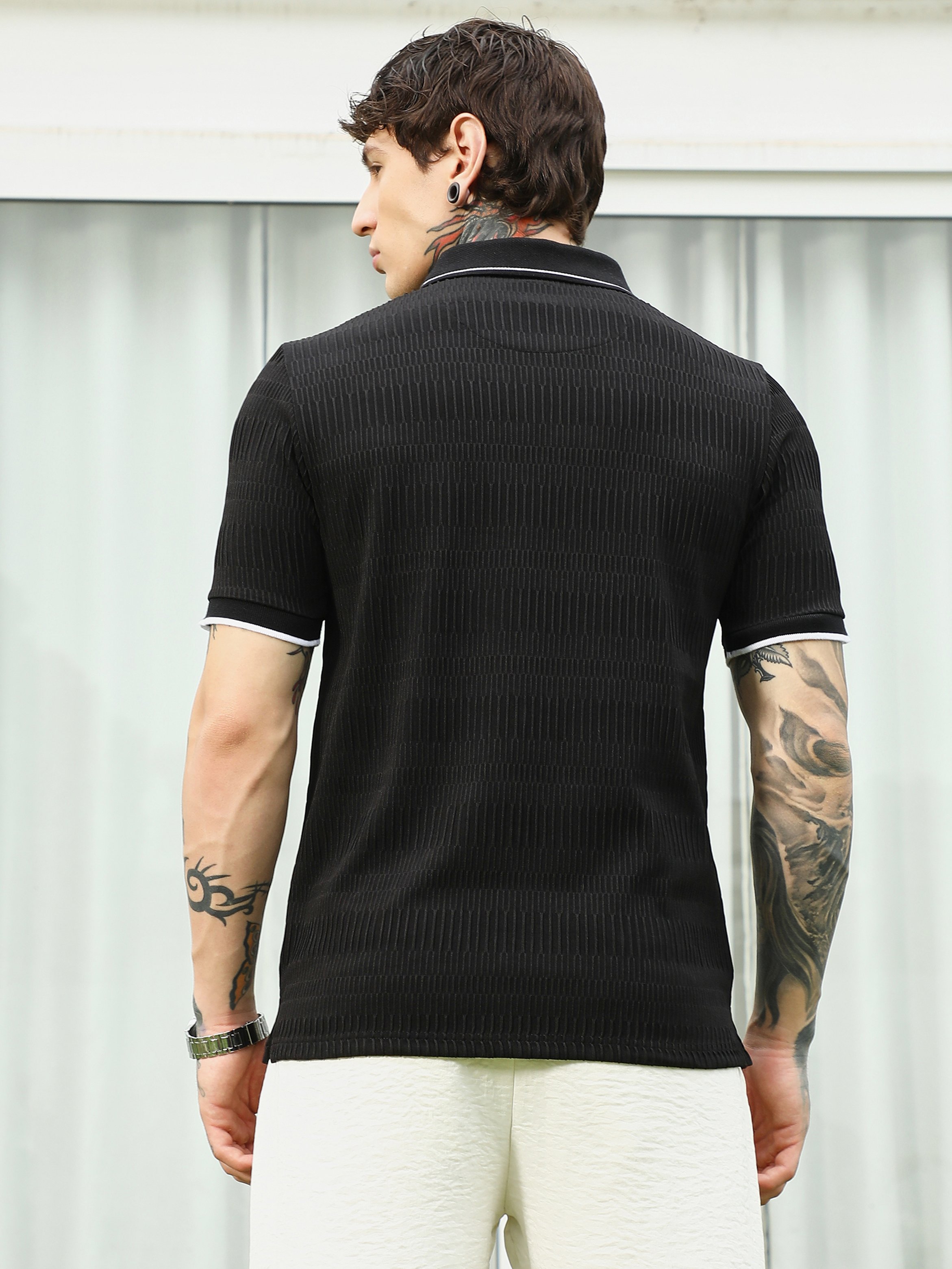 Men Black Textured Knit Polo