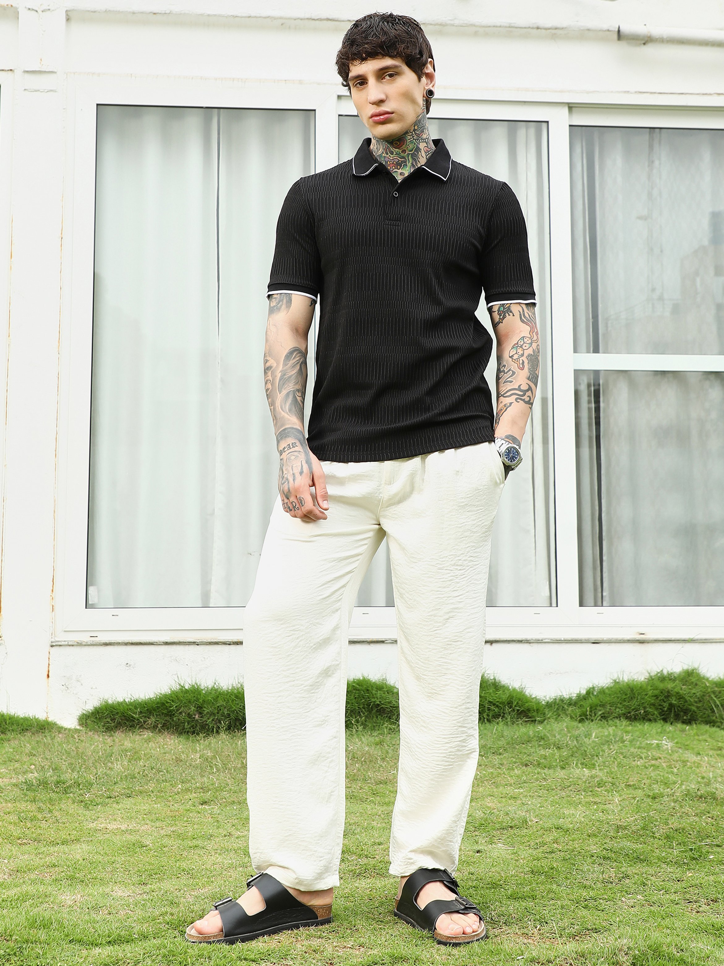 Men Black Textured Knit Polo