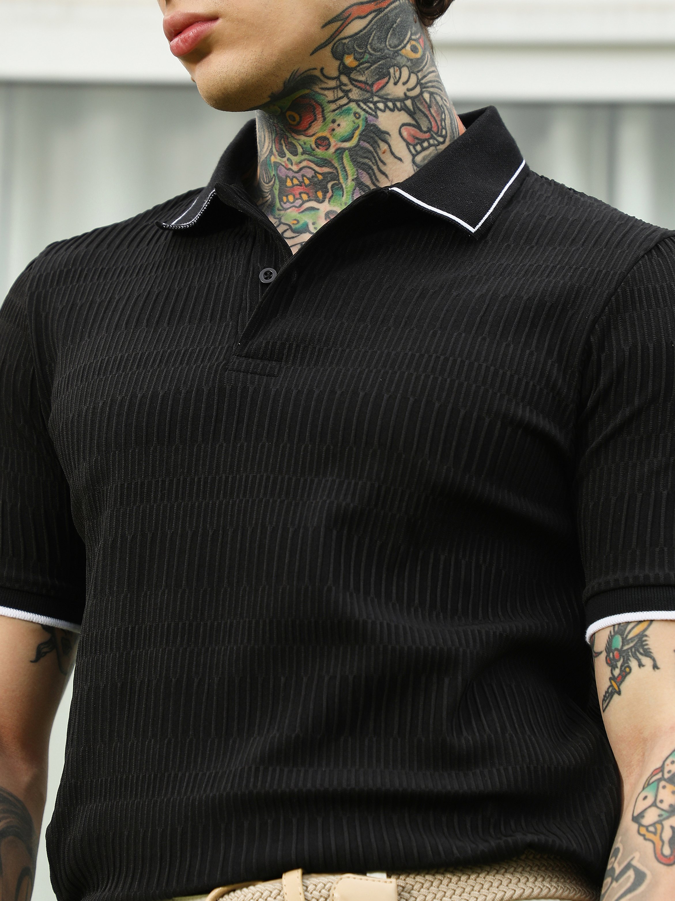 Men Black Textured Knit Polo
