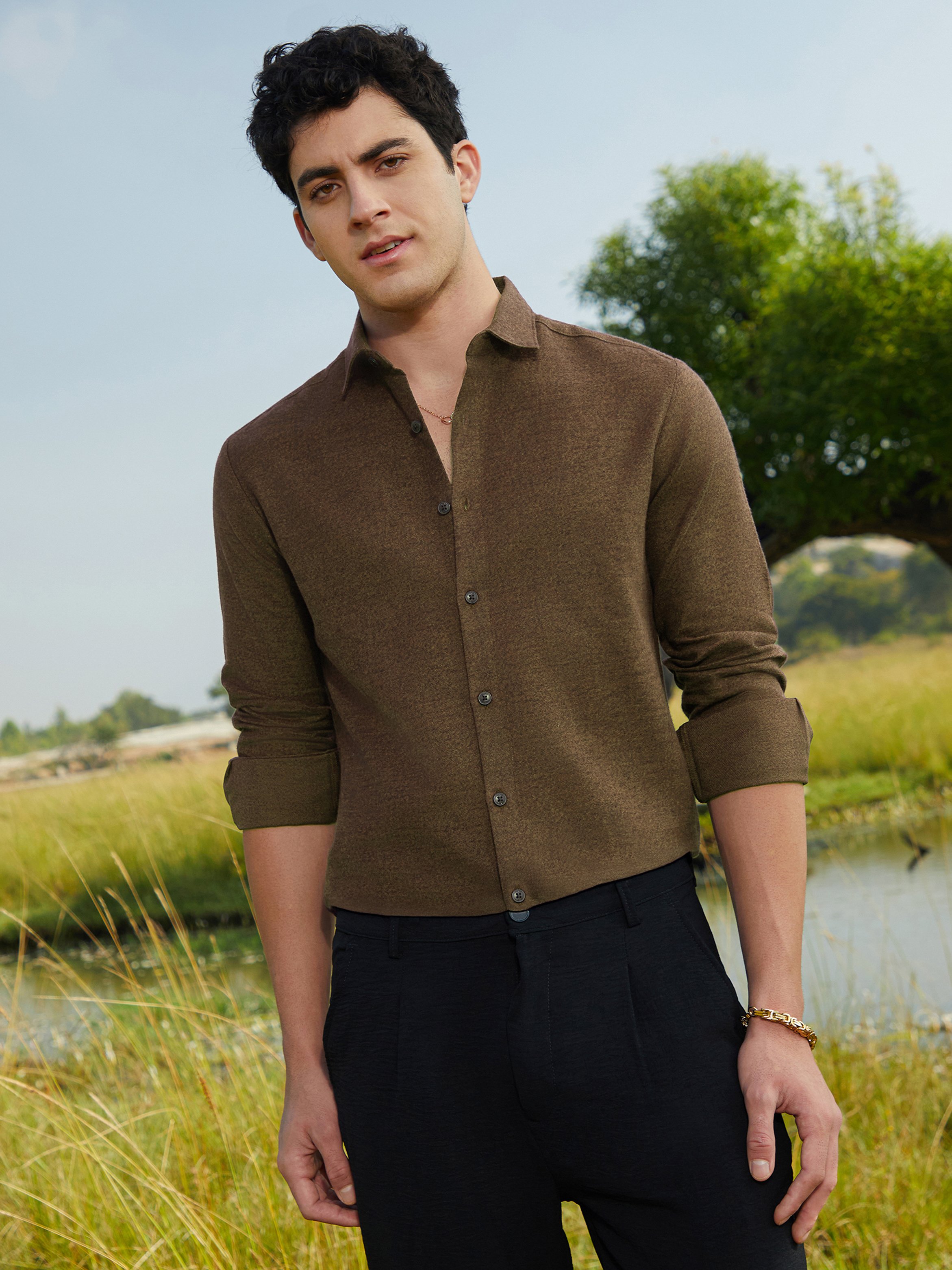 Men Brown Solid Regular Shirt