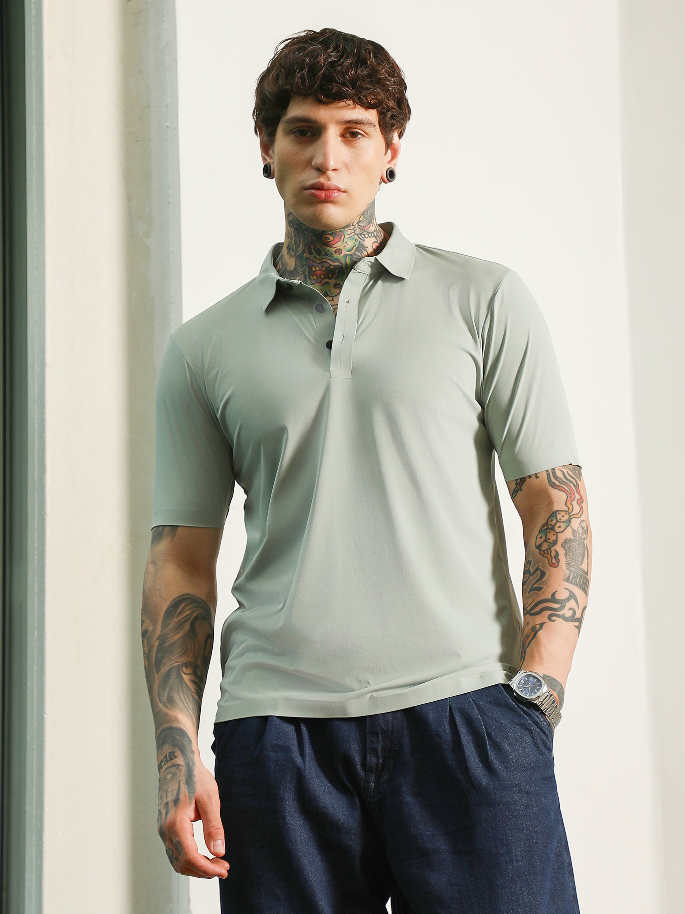 Men Green Slim Fit Short Sleeve Polo