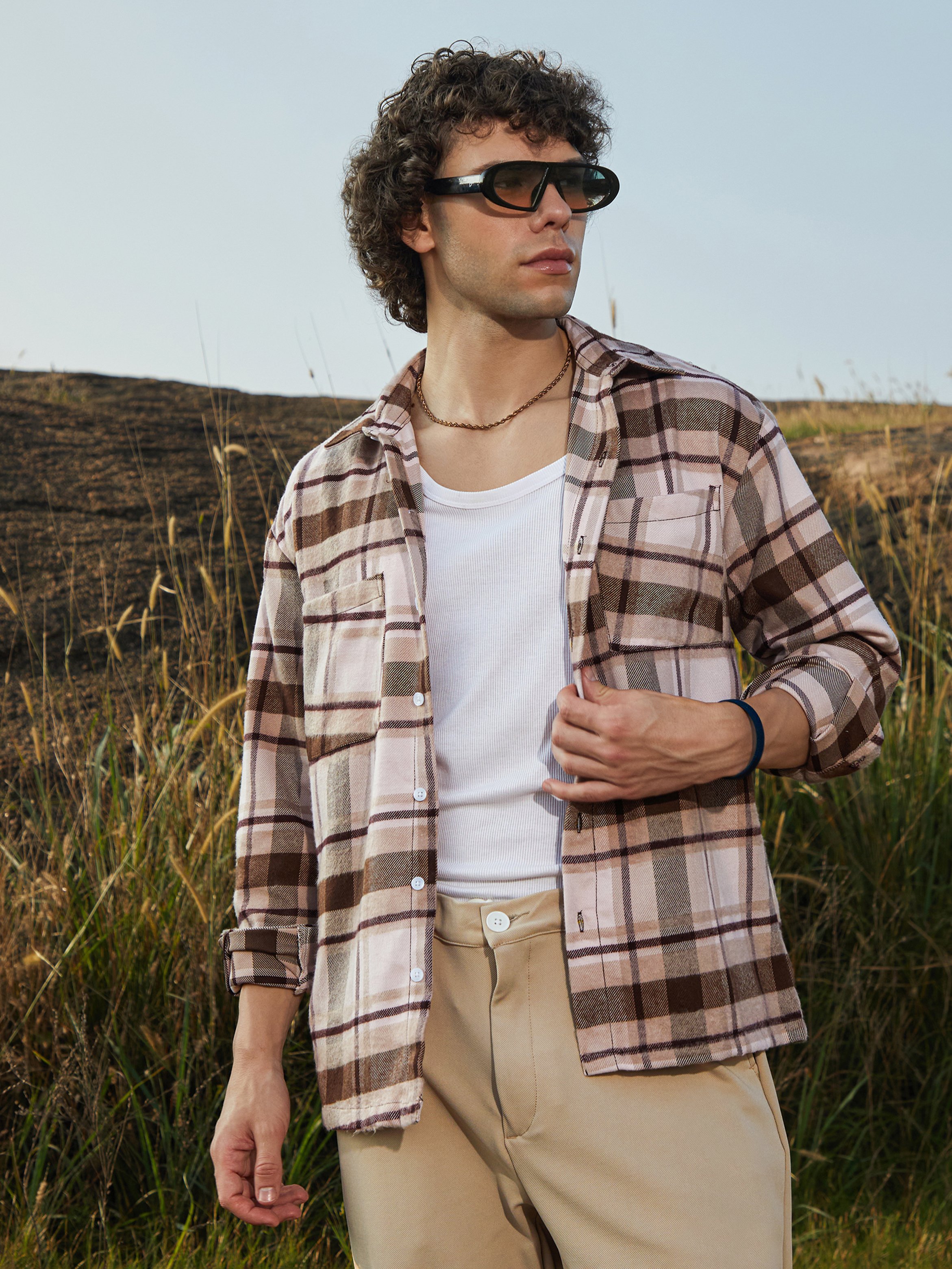 Men Beige Checkered Flannel Utility Shacket