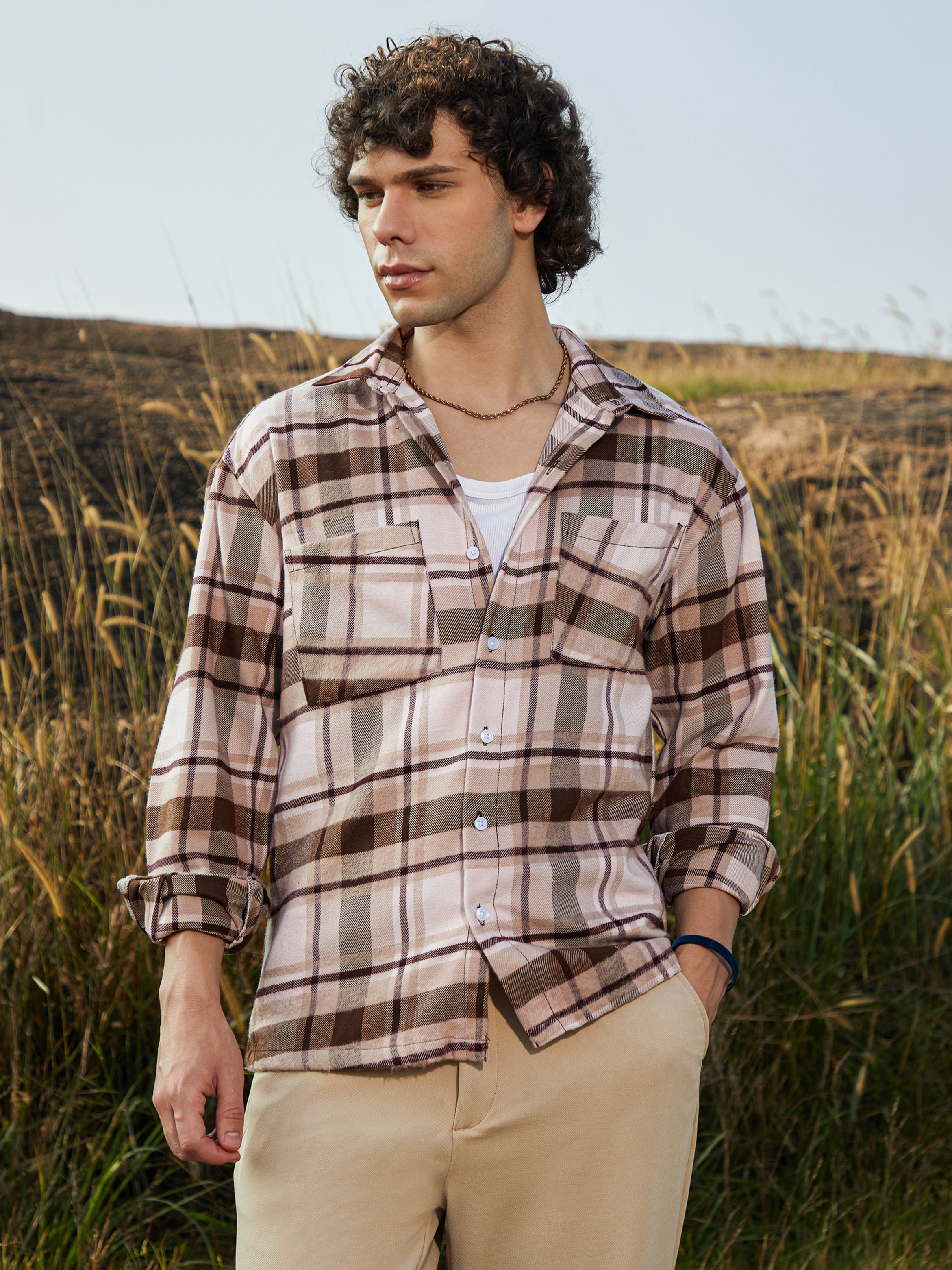 Men Beige Checkered Flannel Utility Shacket