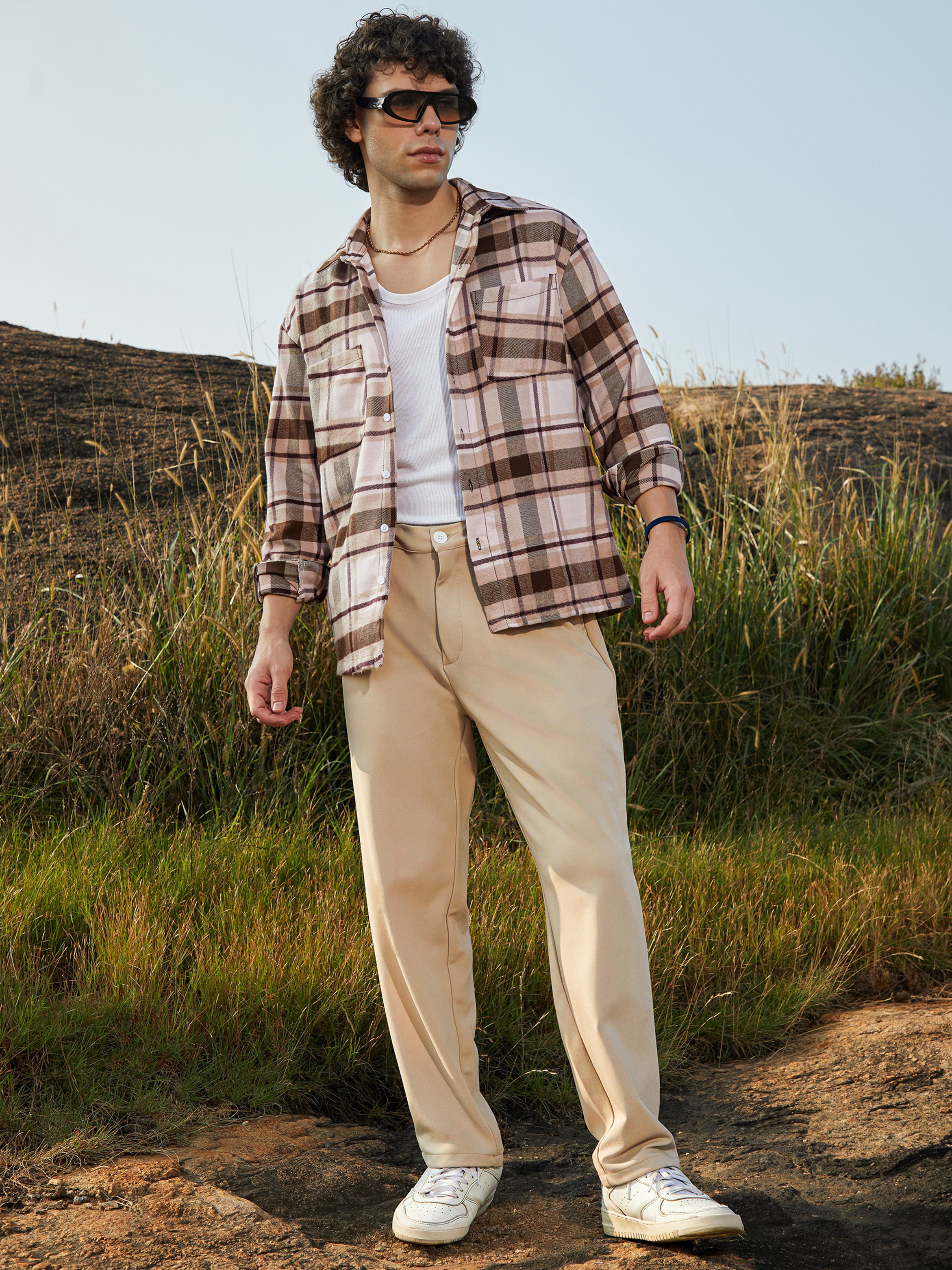 Men Beige Checkered Flannel Utility Shacket