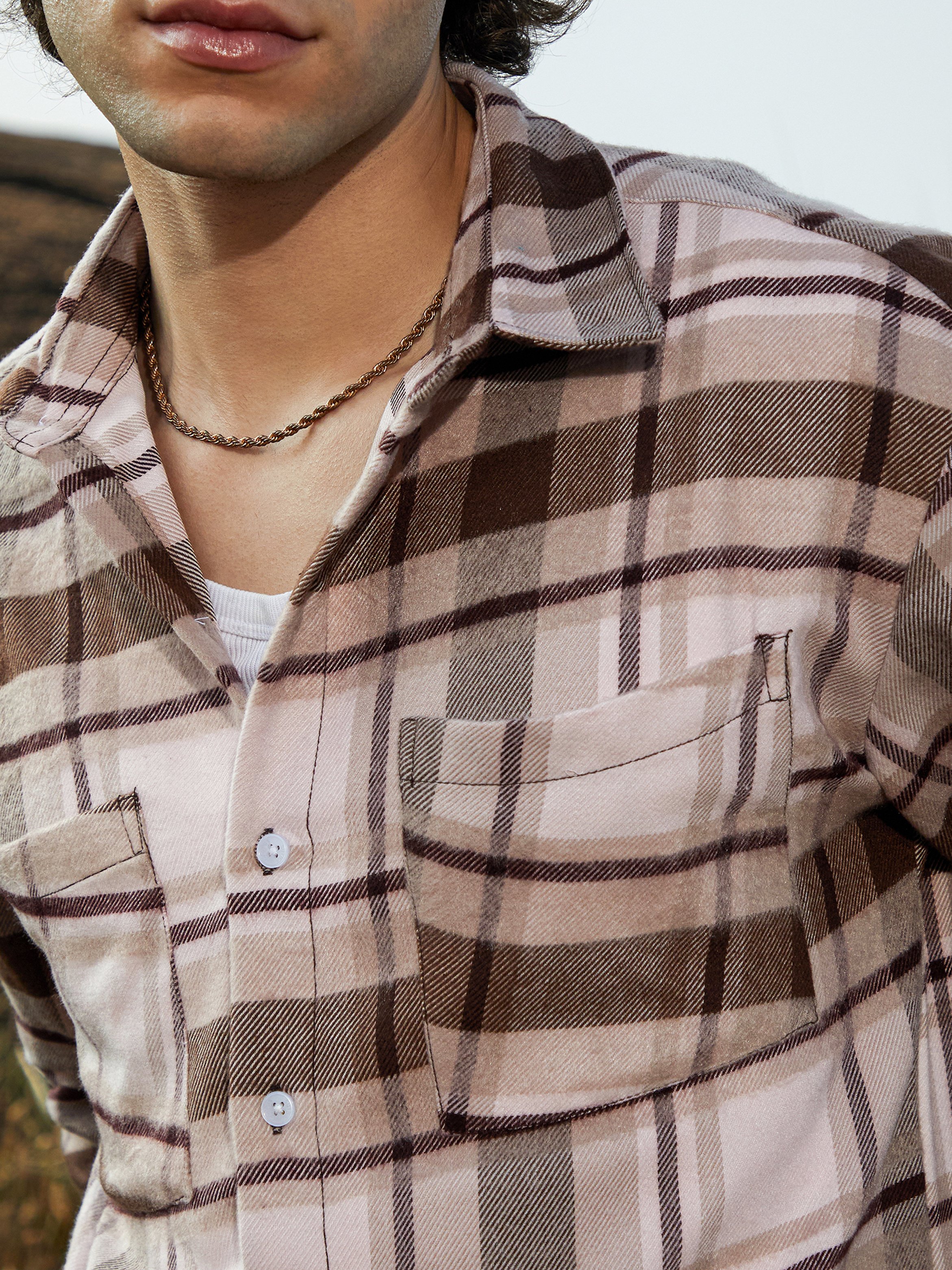 Men Beige Checkered Flannel Utility Shacket