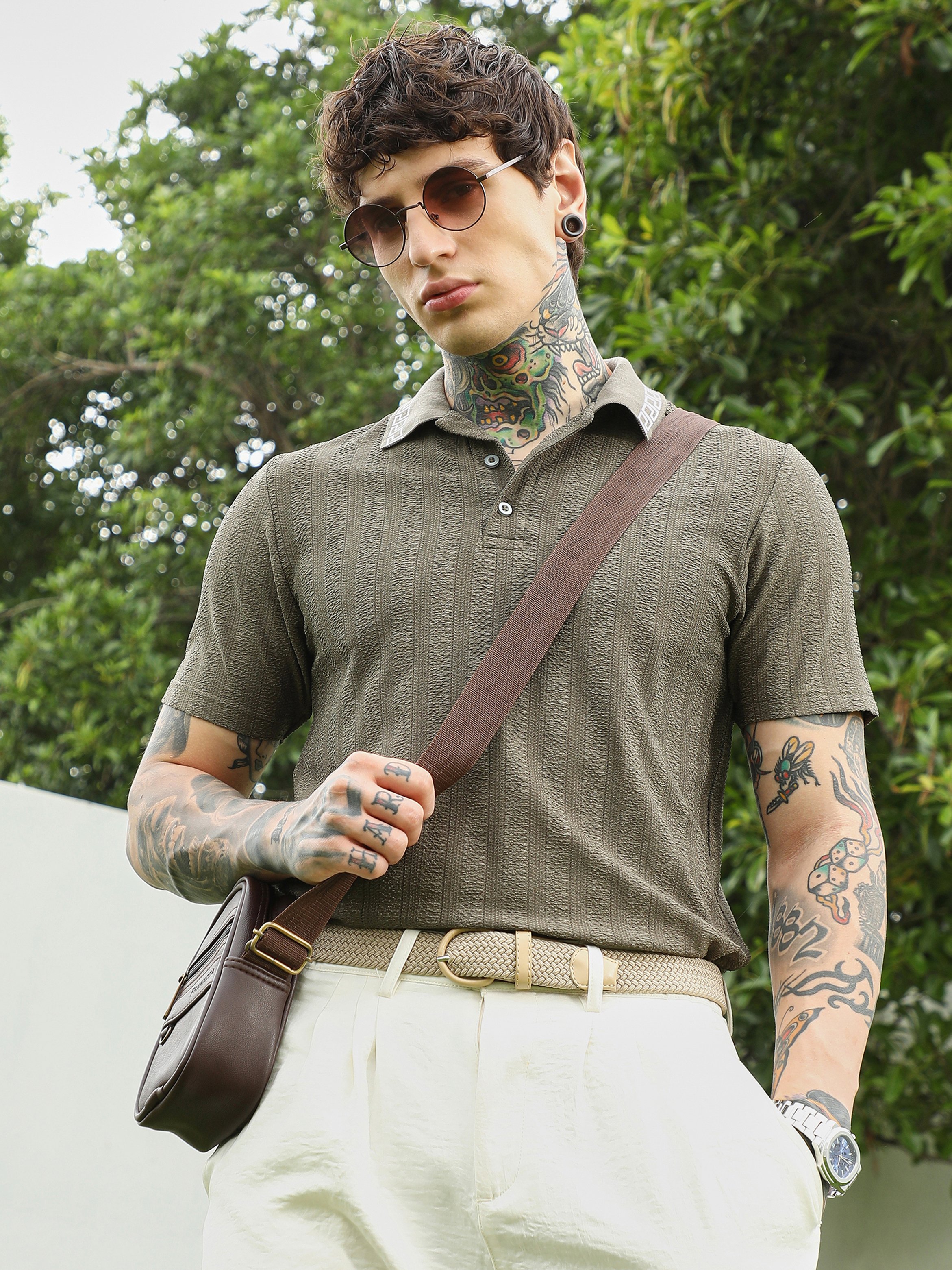 Men Olive Green Textured Polo
