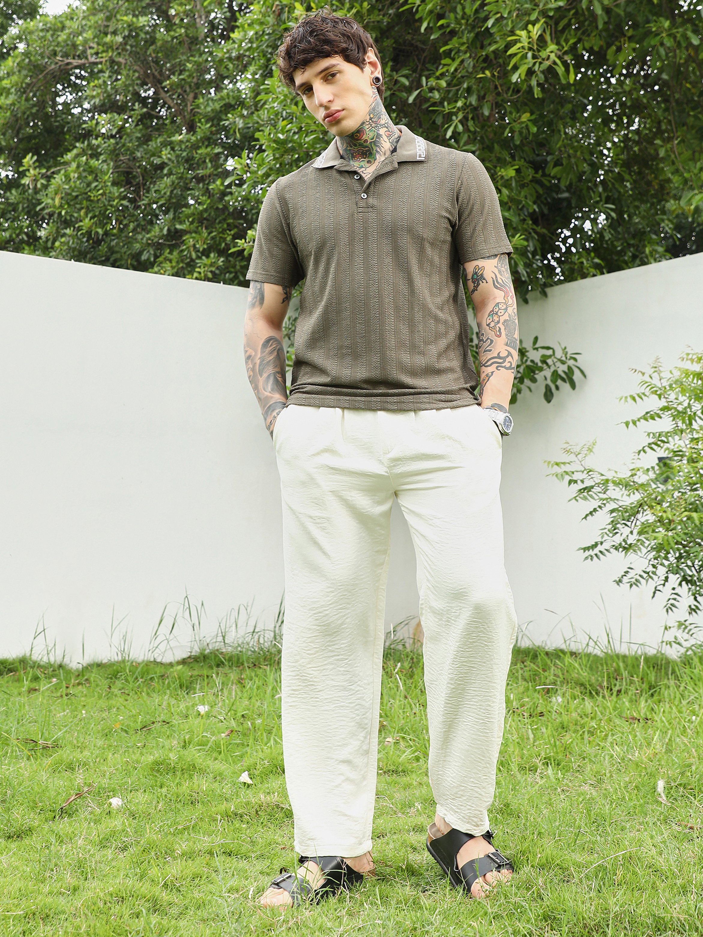 Men Olive Green Textured Polo