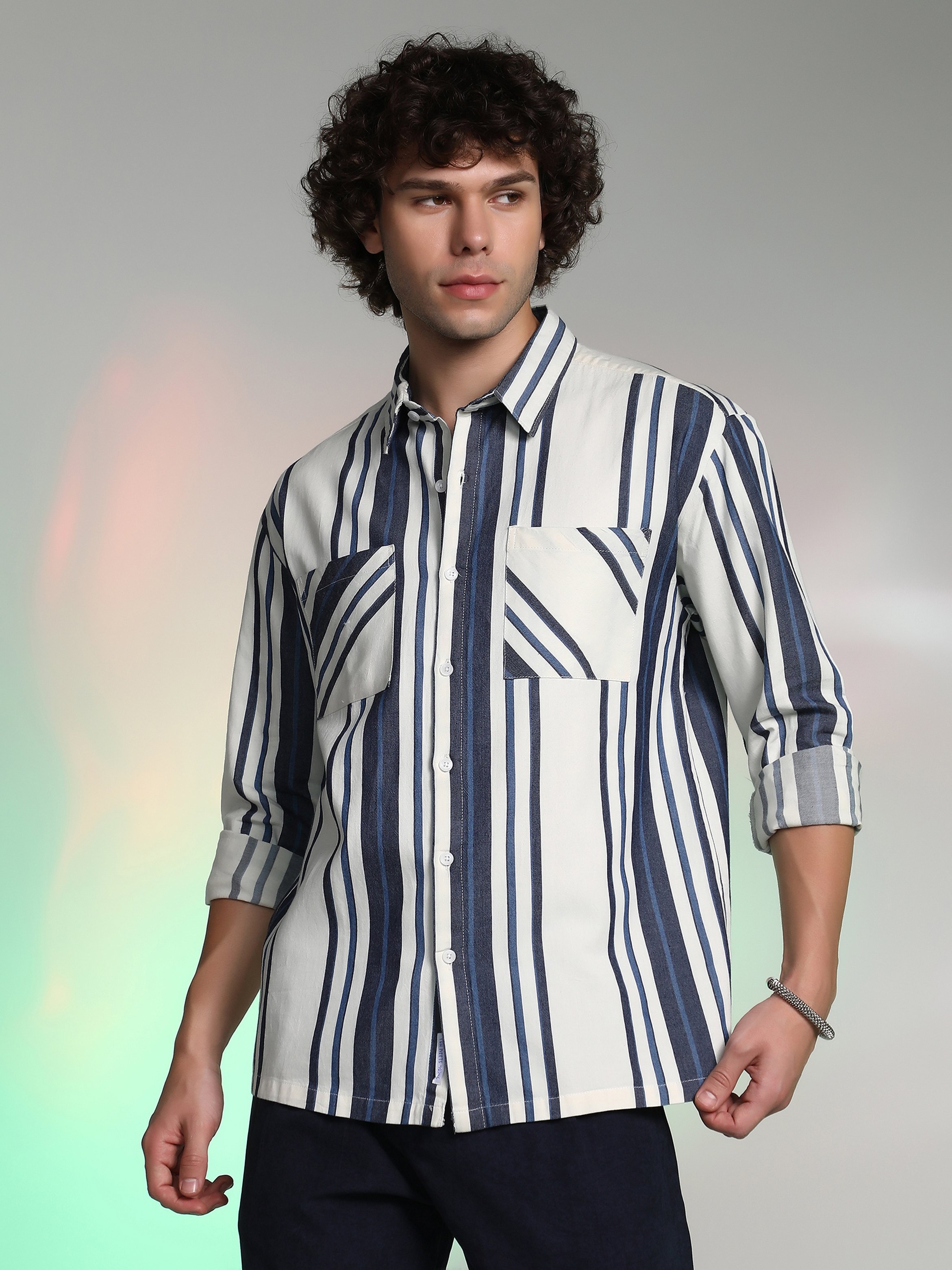 Men Navy Blue Daisy White Multitrack Utility Oversized Shirt