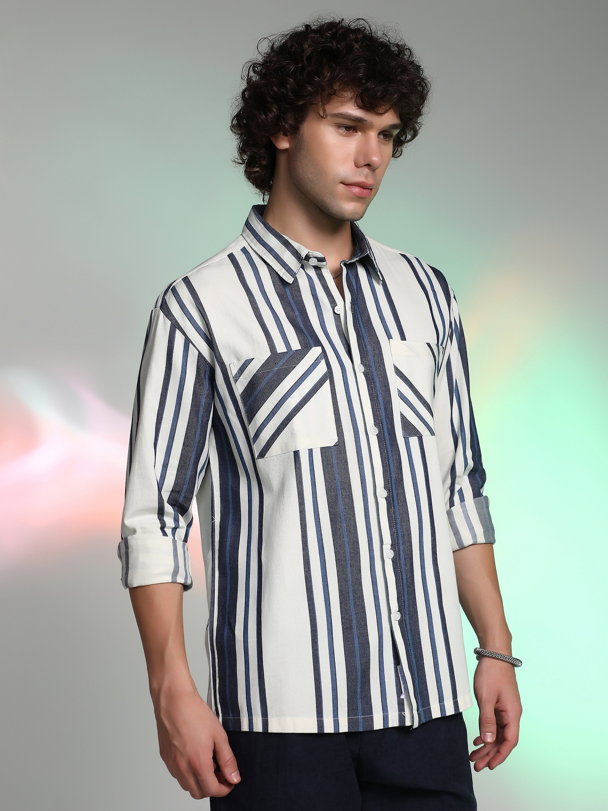 Men Navy Blue Daisy White Multitrack Utility Oversized Shirt