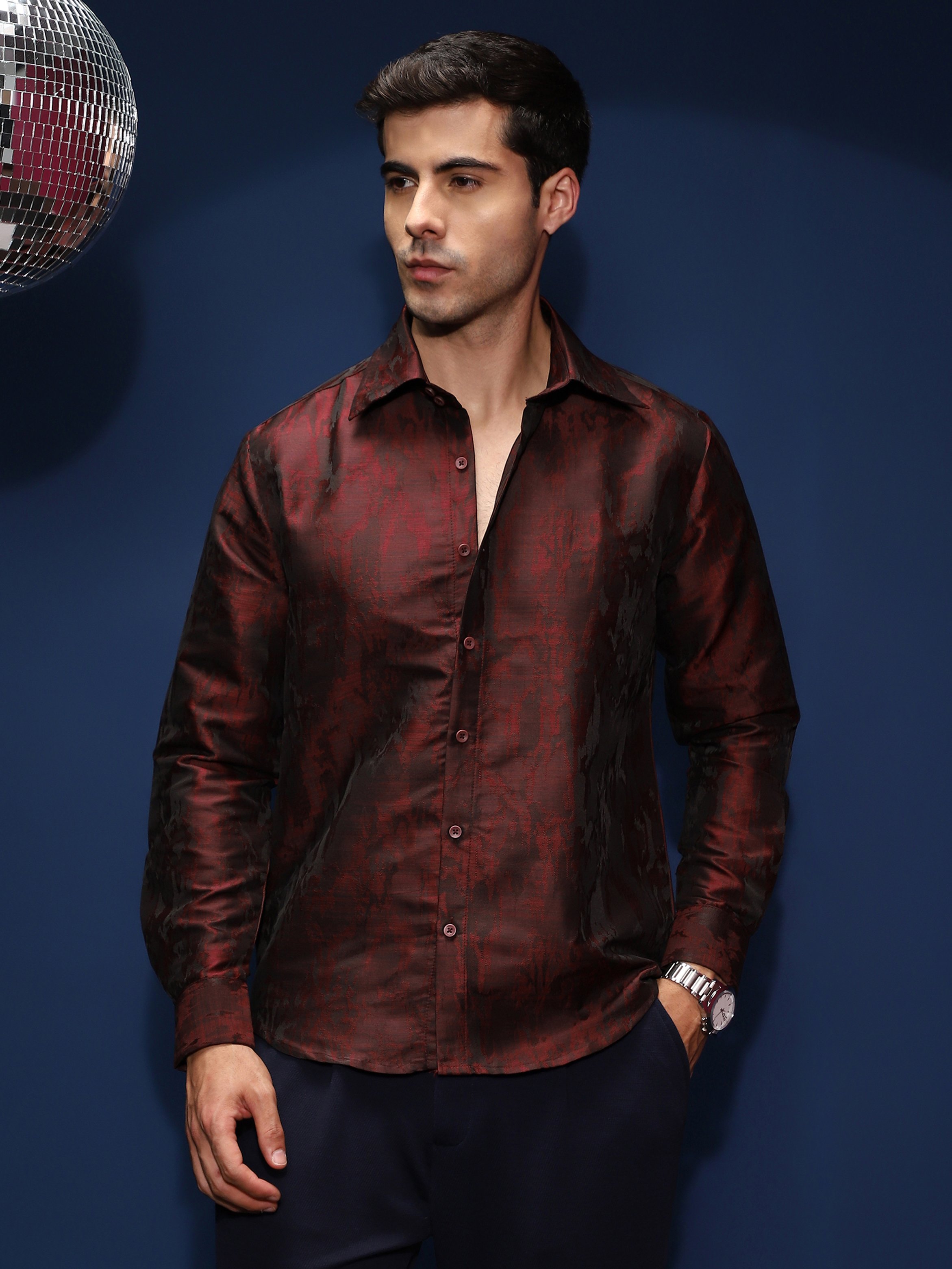 Men Burgundy Abstract-Textured Shirt