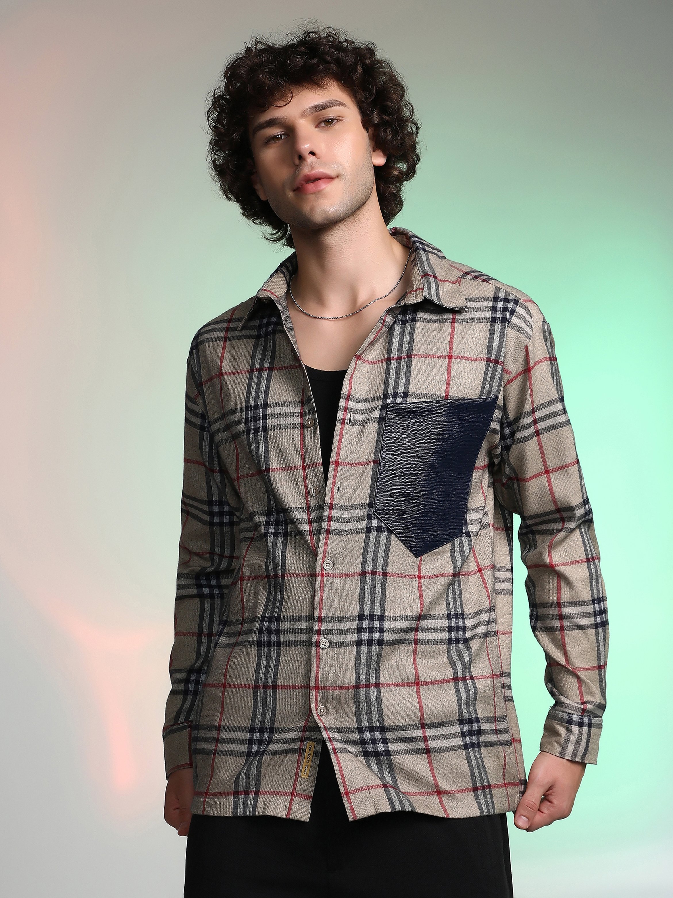 Men Khaki Brown Plaid-Block Oversized Shirt