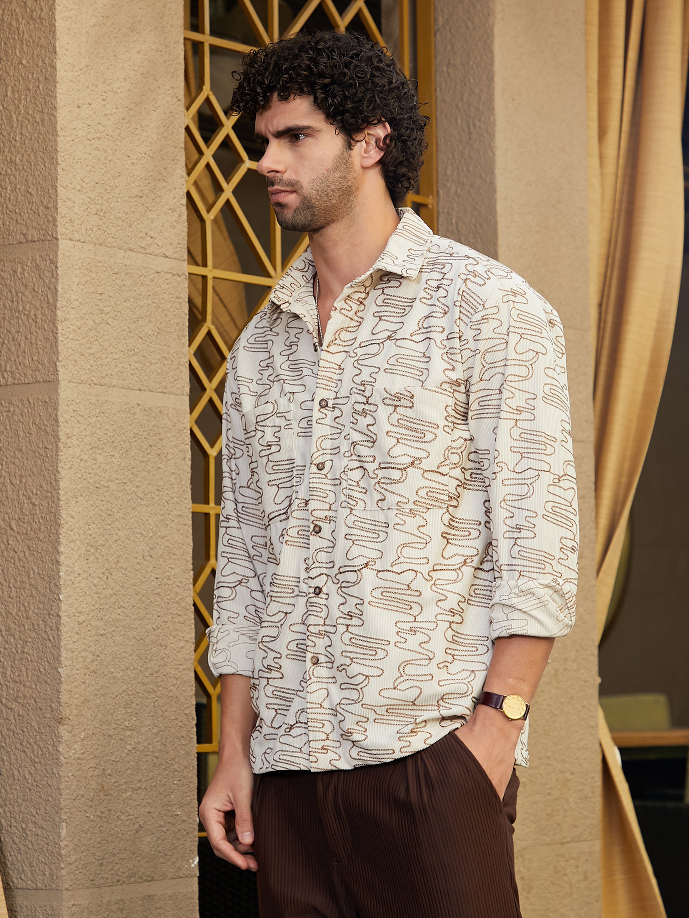 Men Cream Embroidered Oversized Shirt
