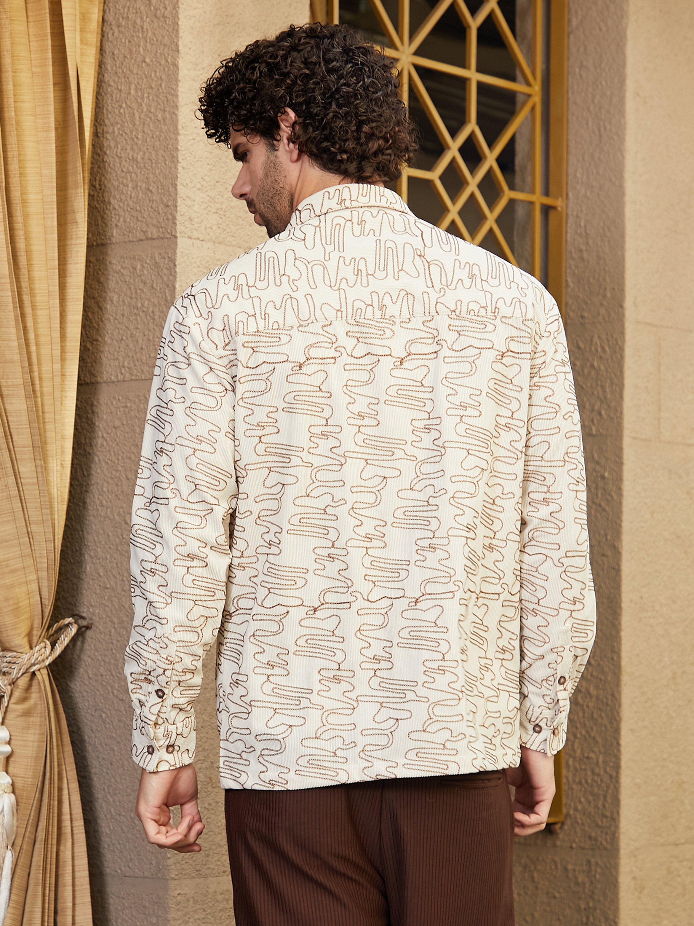 Men Cream Embroidered Oversized Shirt