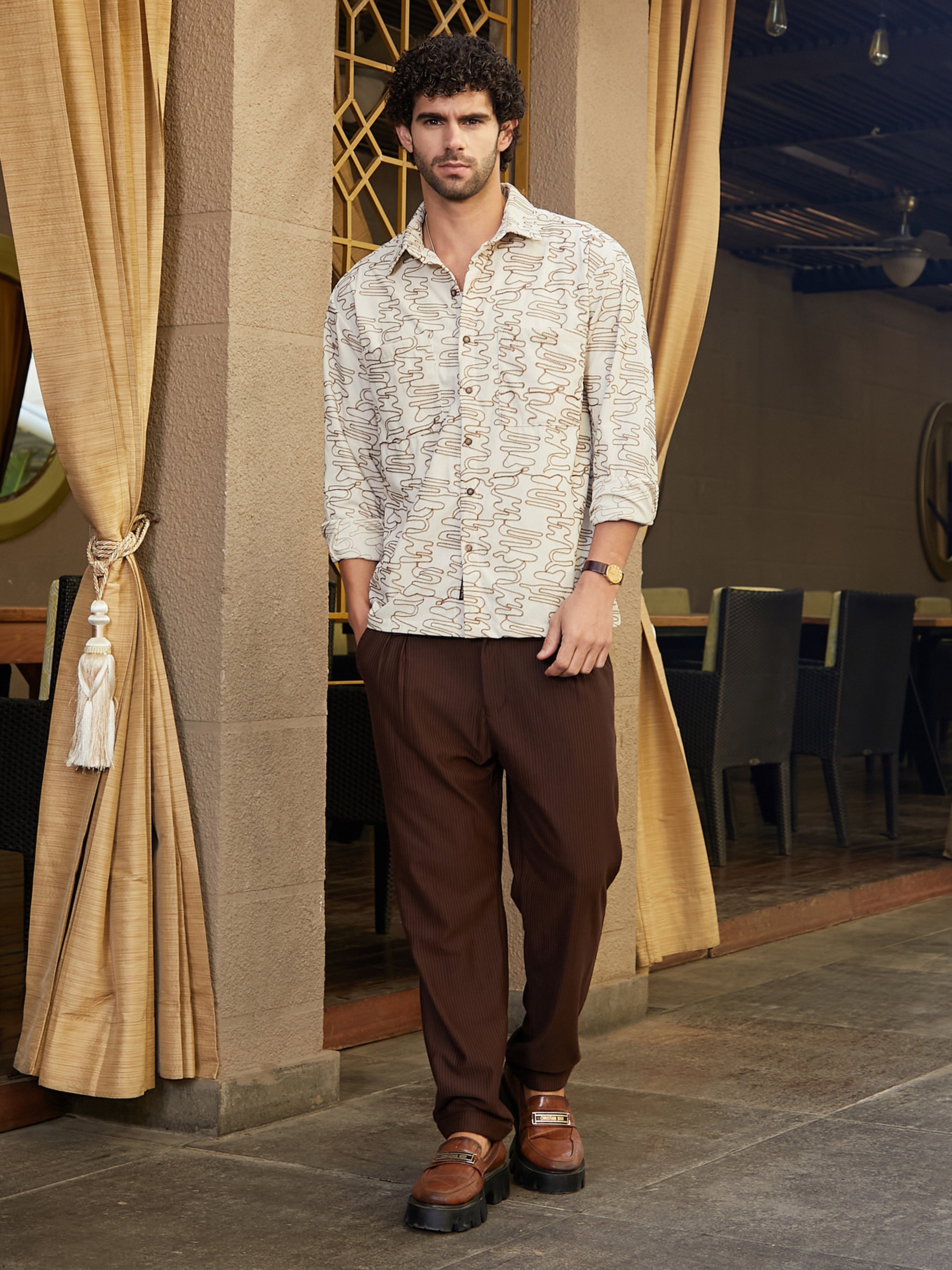 Men Cream Embroidered Oversized Shirt