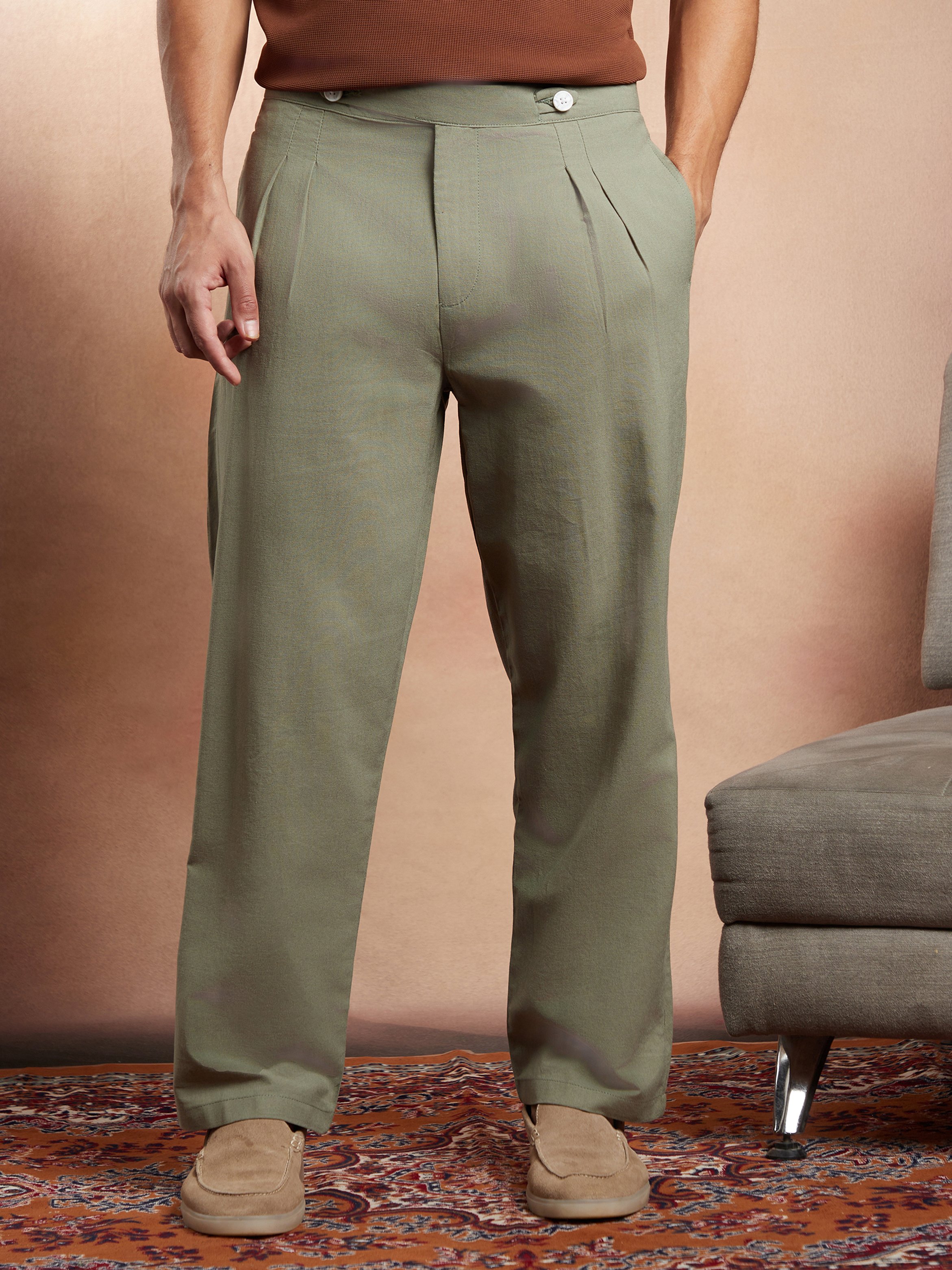 Men Mocha Brown Linen-Blend Cigrette Trousers