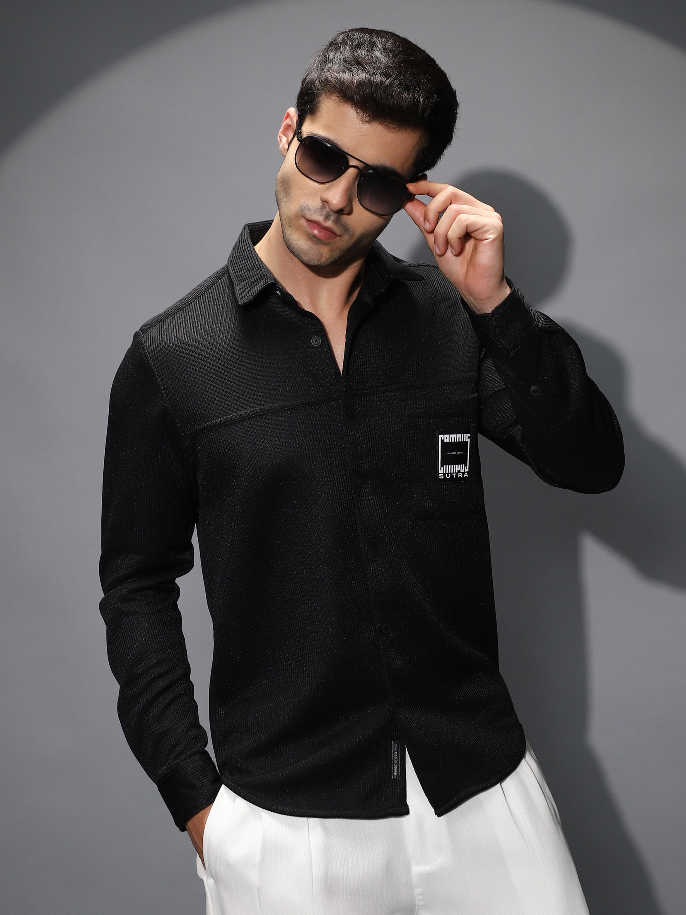 Men Black Textured Ribbed-Knit Utility Shirt