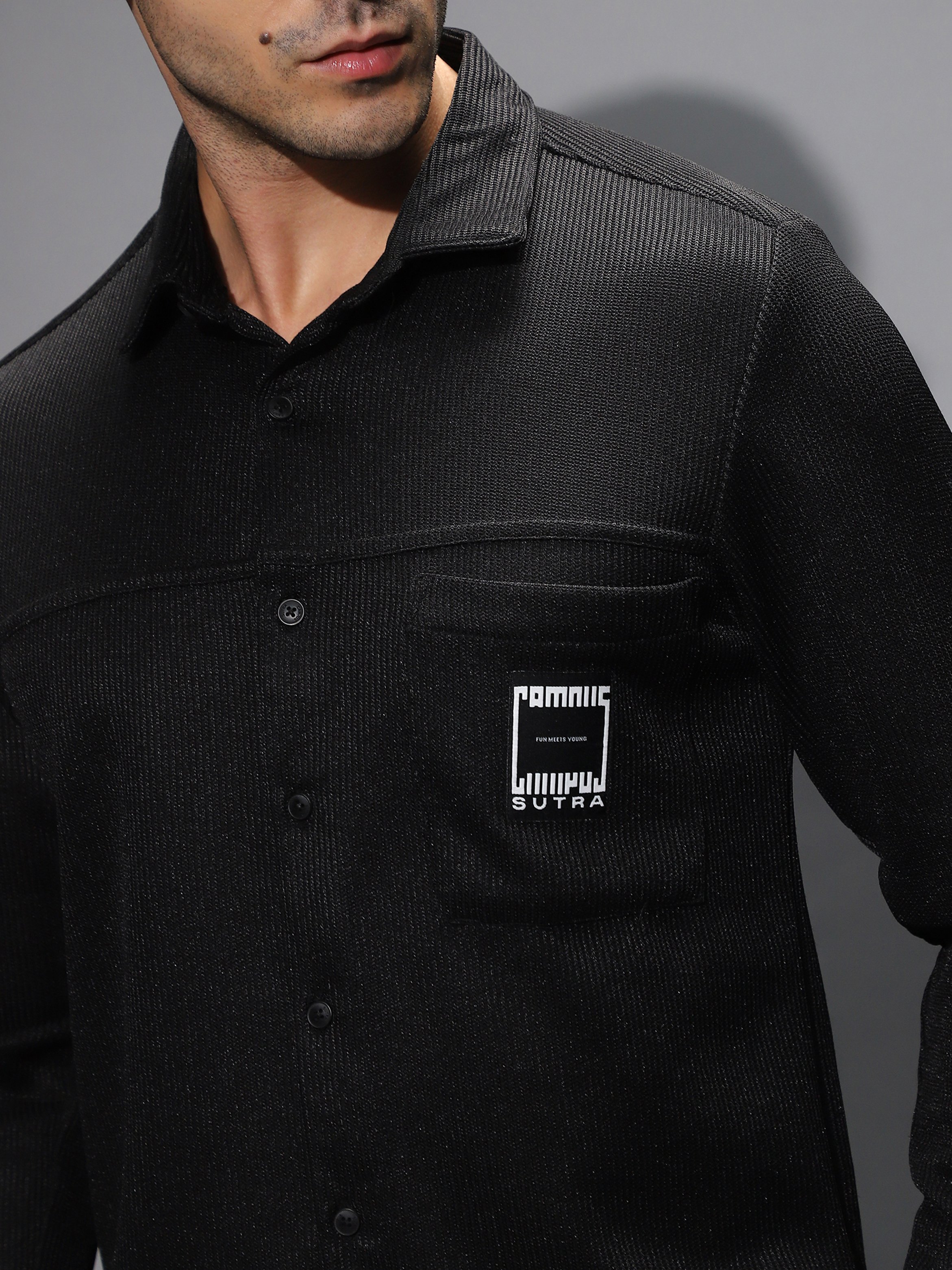 Men Black Textured Ribbed-Knit Utility Shirt