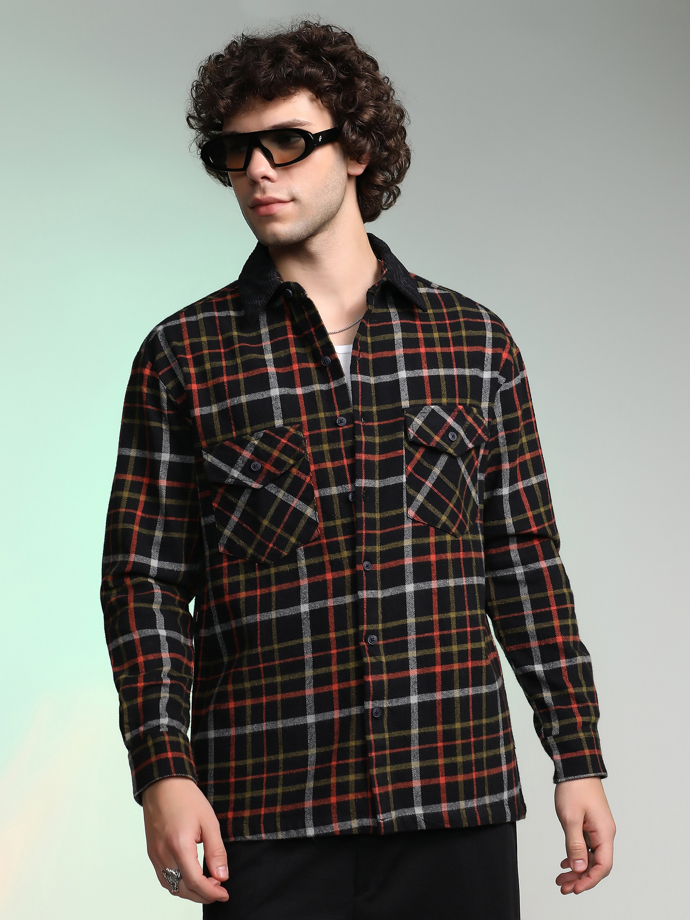 Men Black Plaid Utility Oversized Shirt