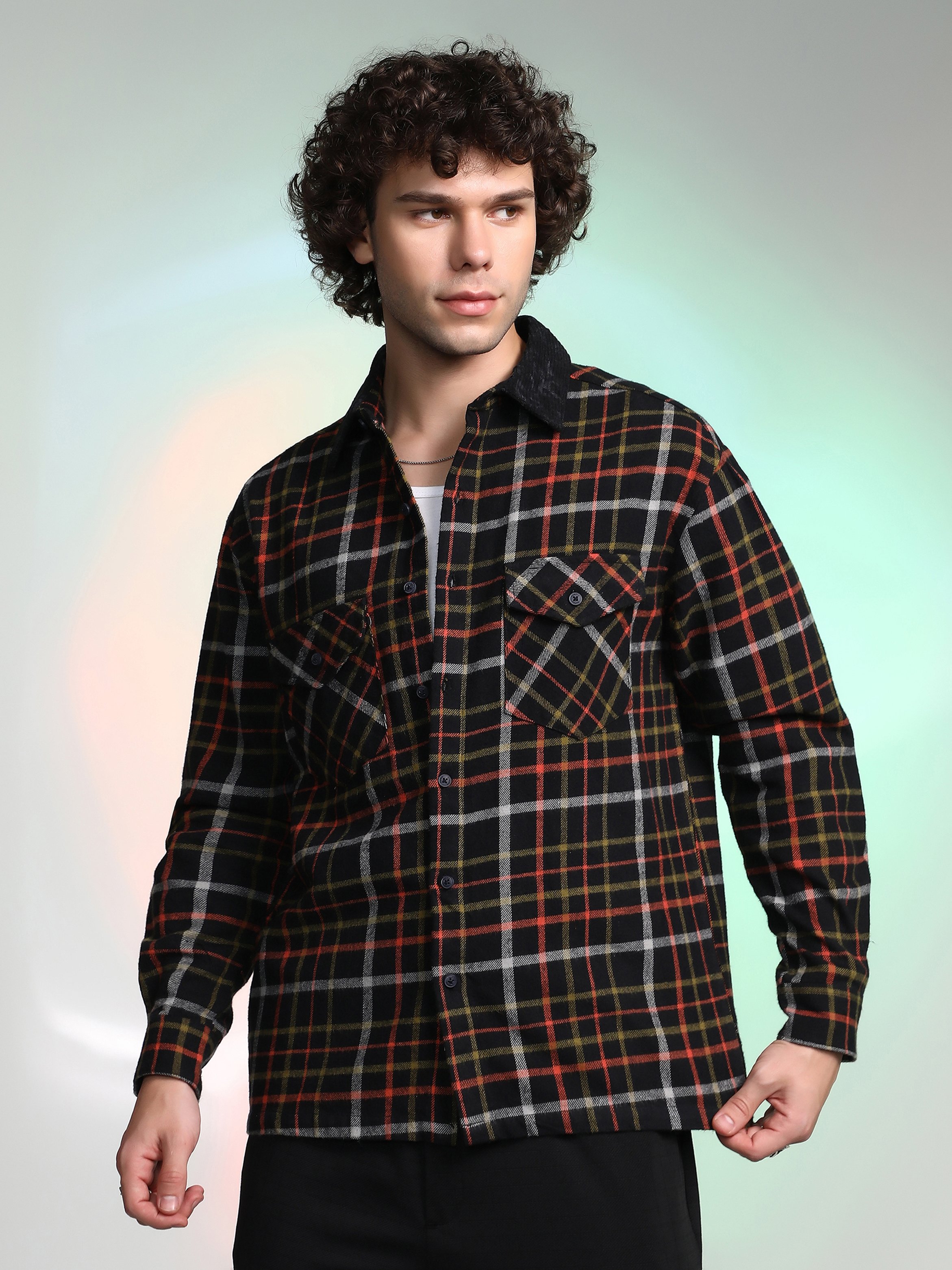 Men Black Plaid Utility Oversized Shirt