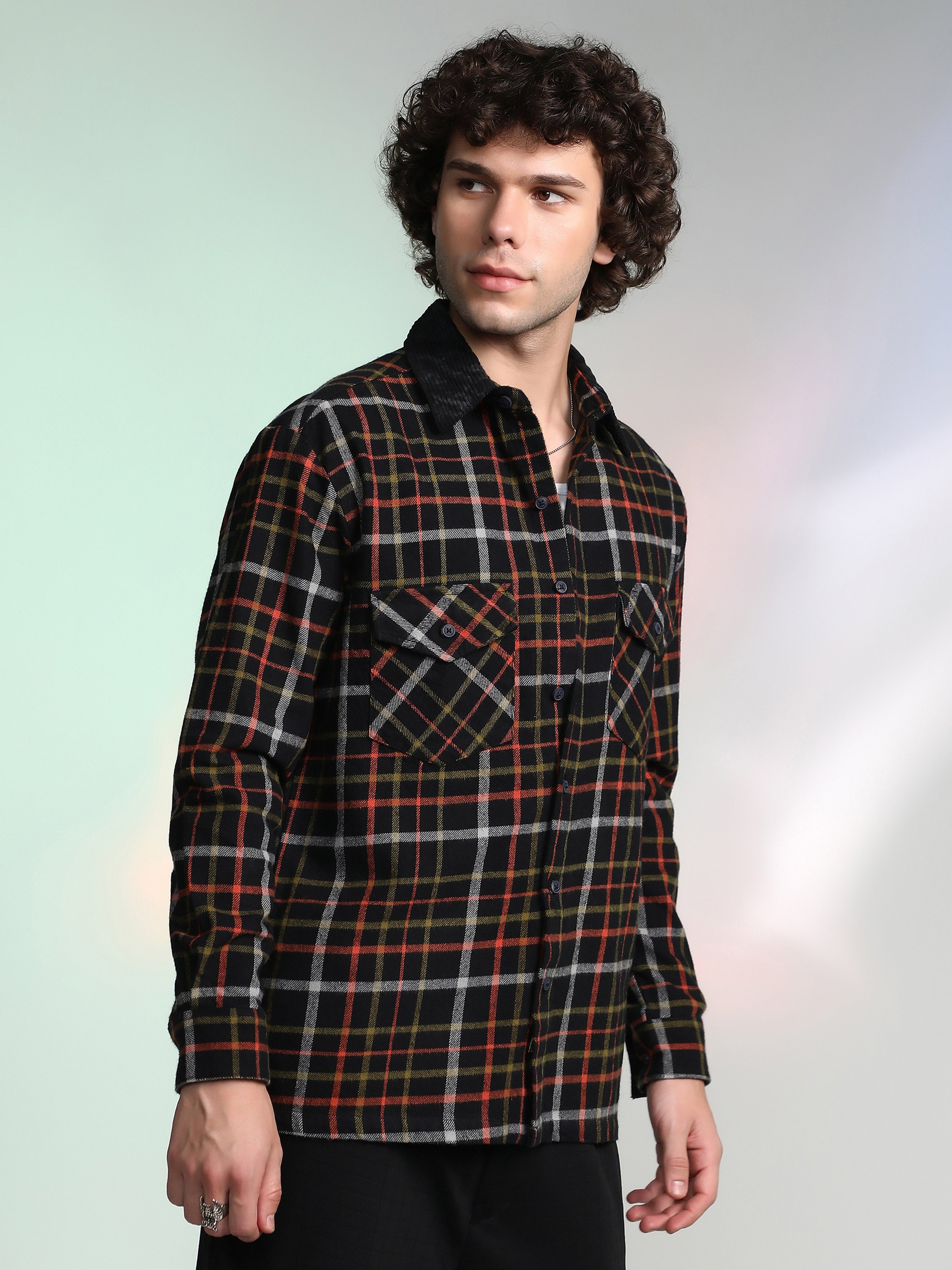 Men Black Plaid Utility Oversized Shirt