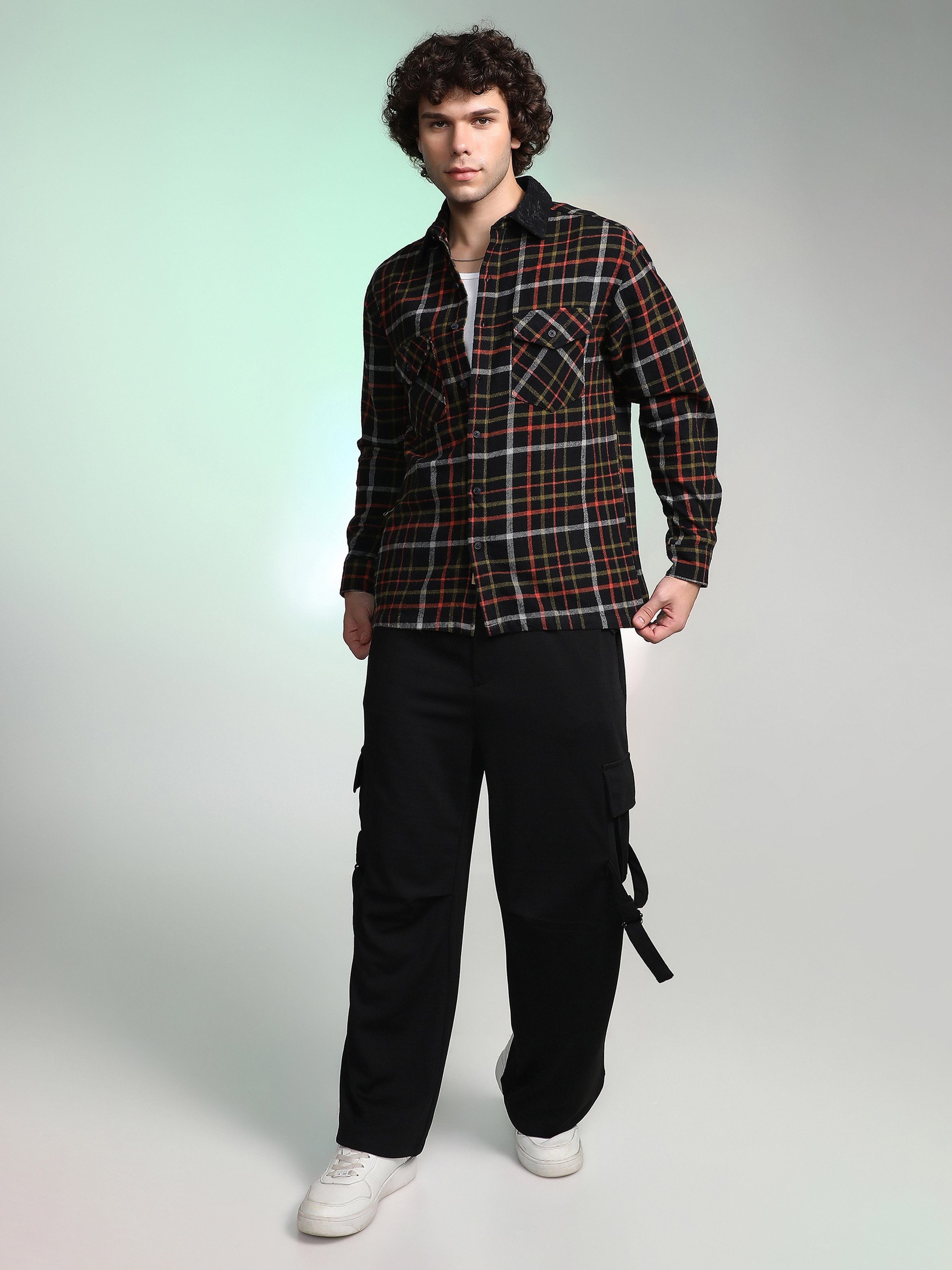 Men Black Plaid Utility Oversized Shirt