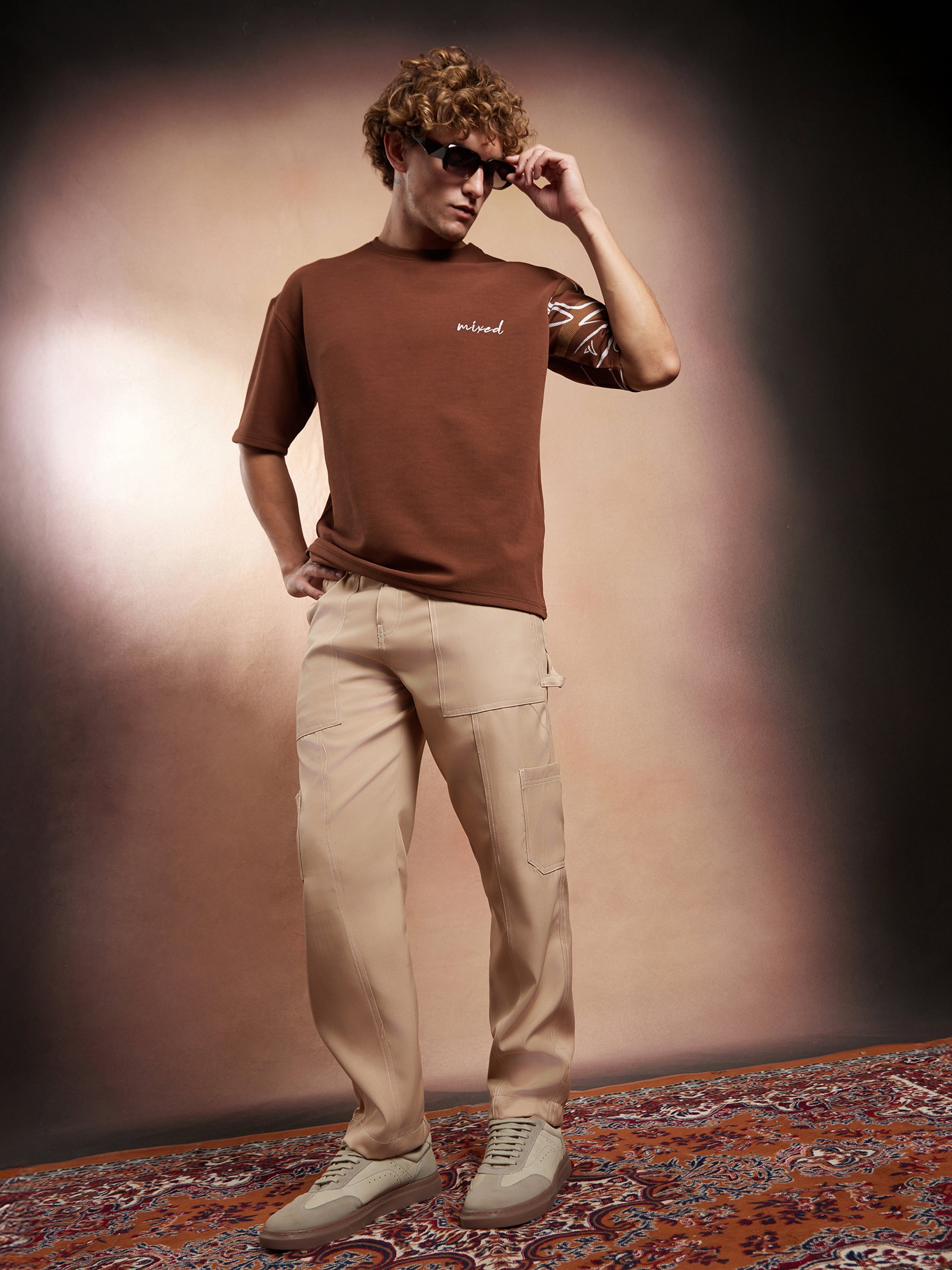 Men Khaki Beige Contrast-Stitch Carpenter Utility Trousers