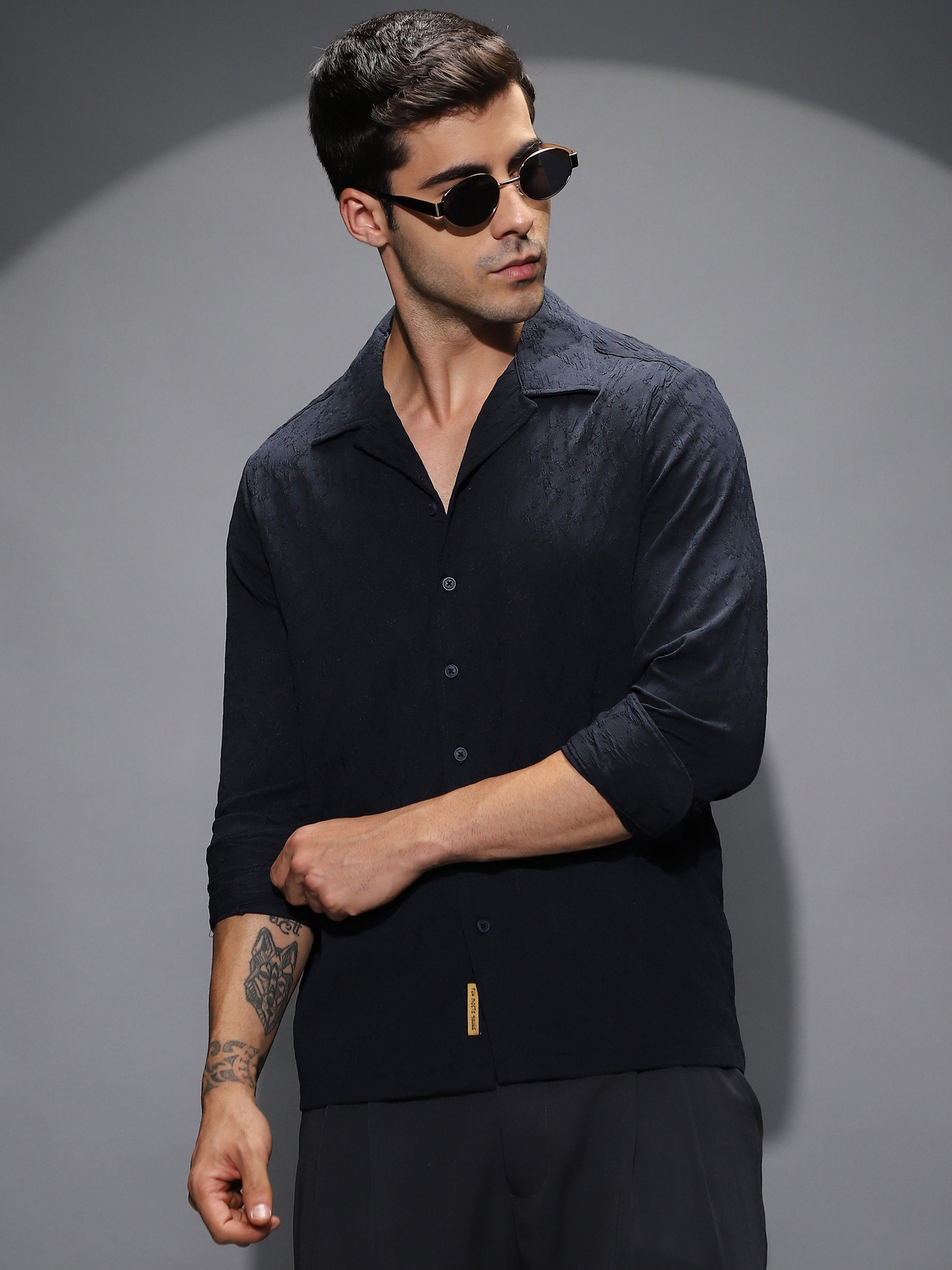Men Black Textured-Cuban Shirt