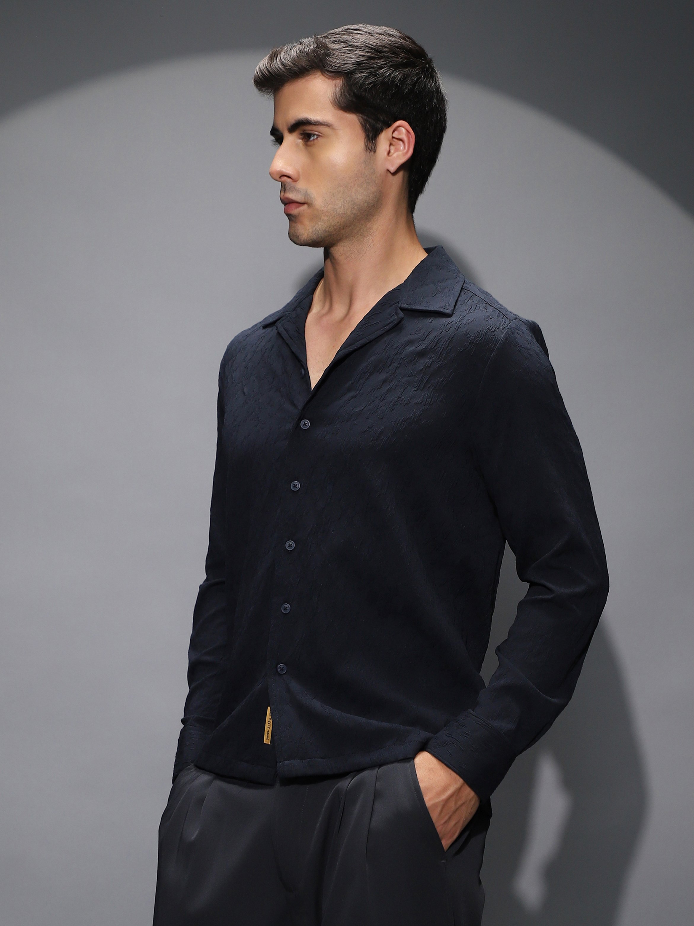 Men Black Textured-Cuban Shirt