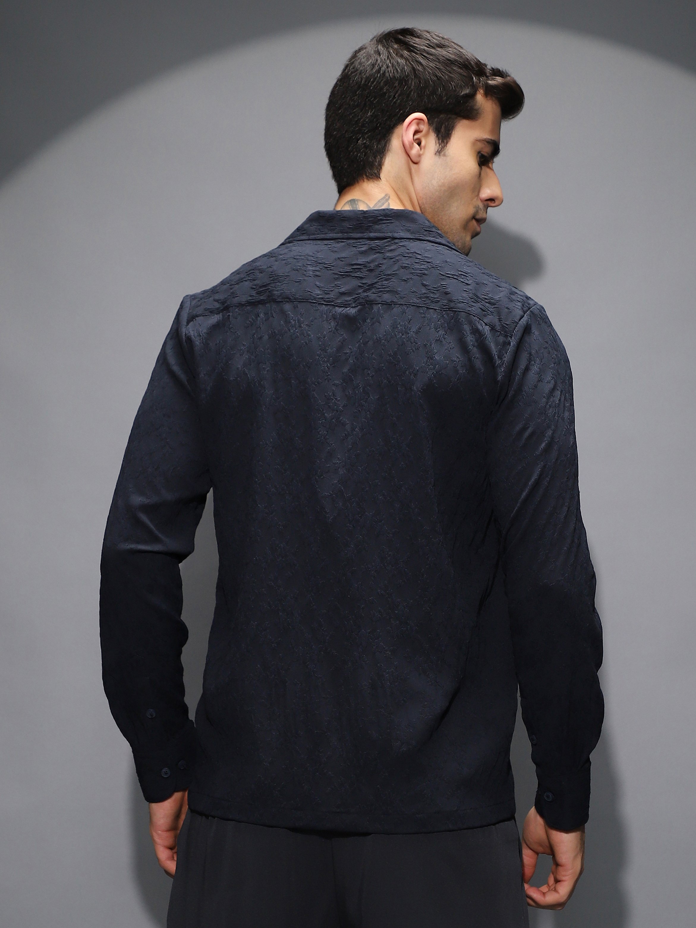 Men Black Textured-Cuban Shirt