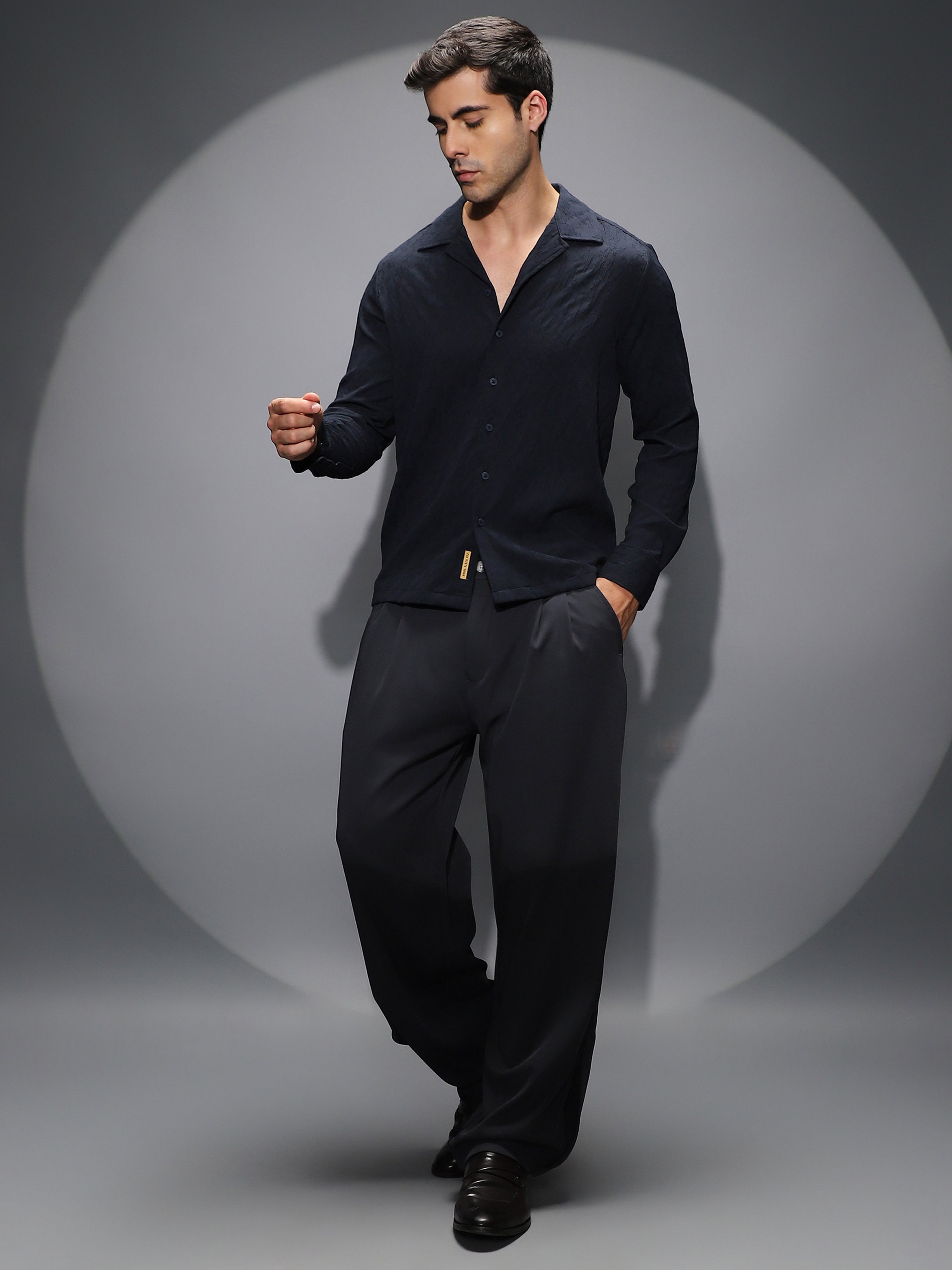 Men Black Textured-Cuban Shirt