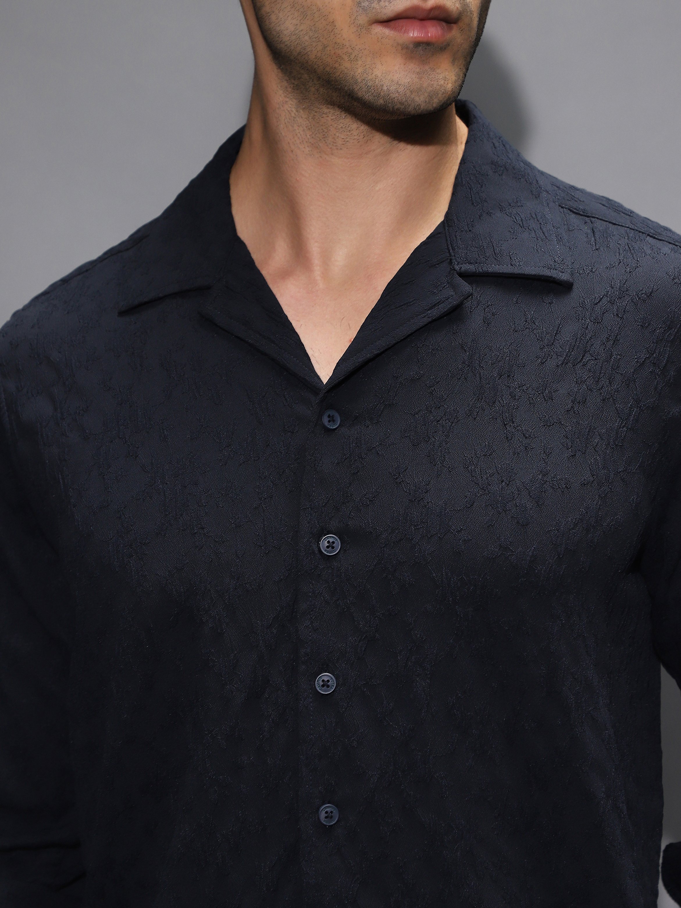 Men Black Textured-Cuban Shirt