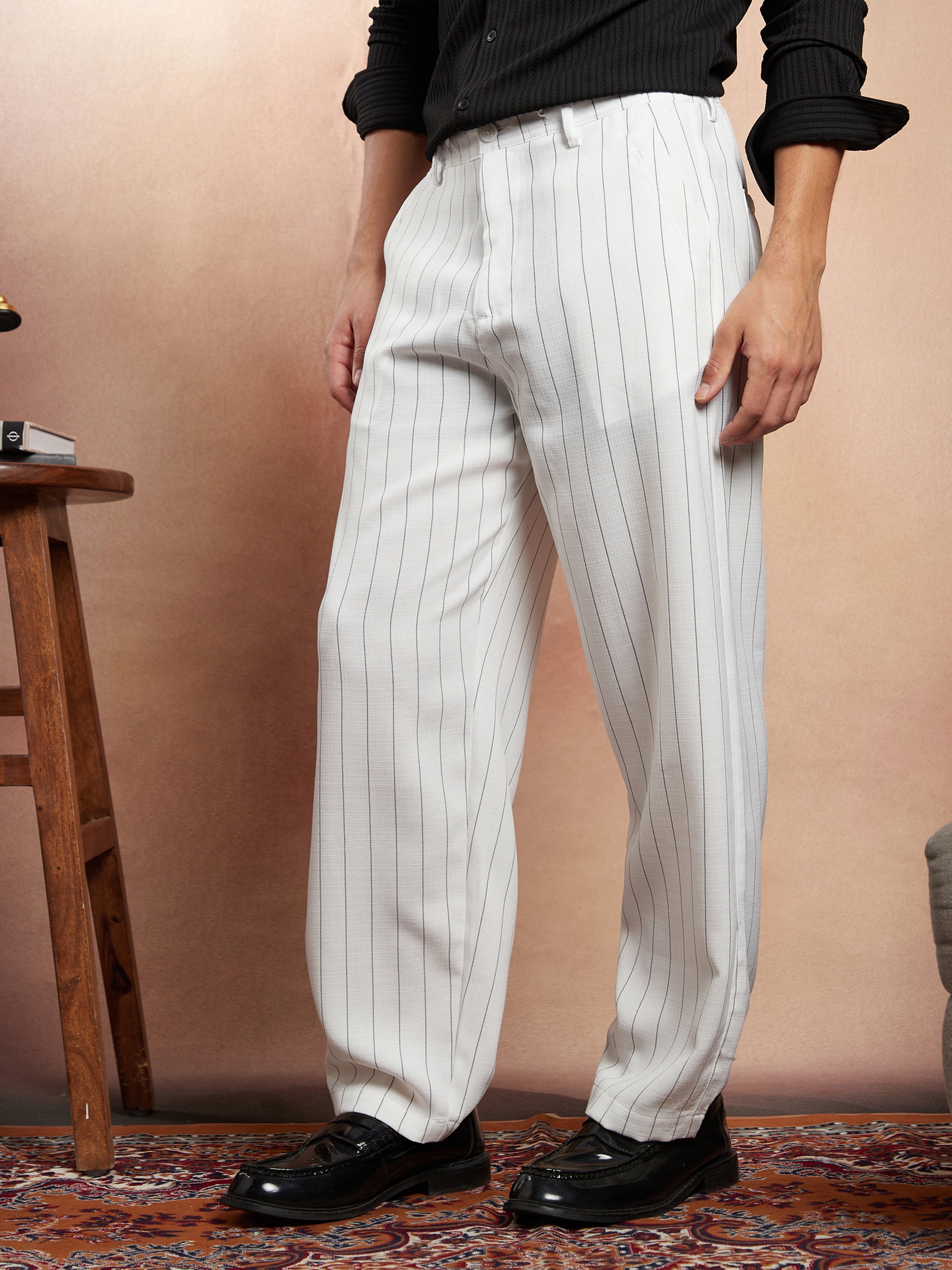 Men Ivory White Pinstriped Straight-Leg Trousers