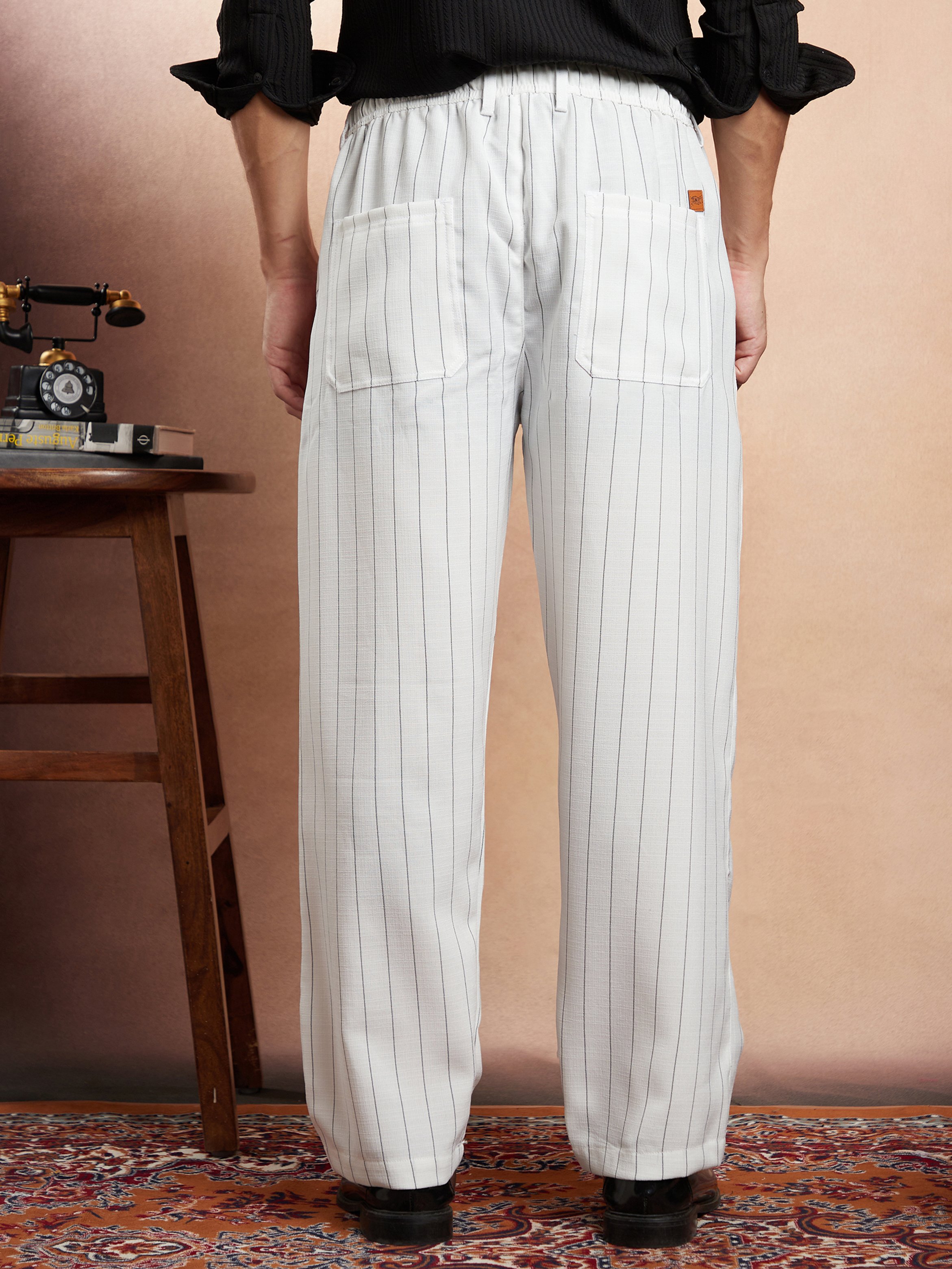 Men Ivory White Pinstriped Straight-Leg Trousers