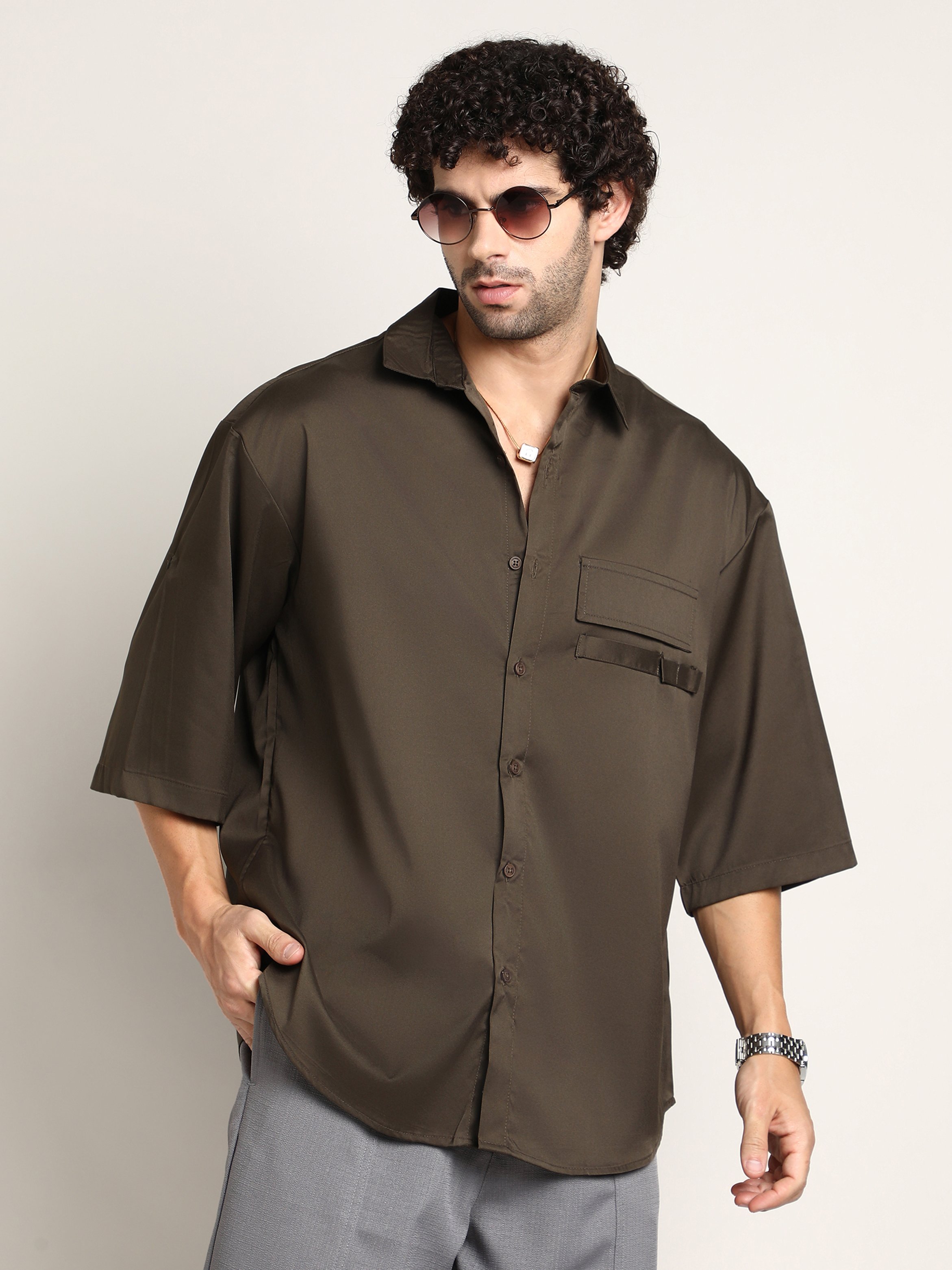 Men Coffee Brown Satin-Utility Oversized Shirt