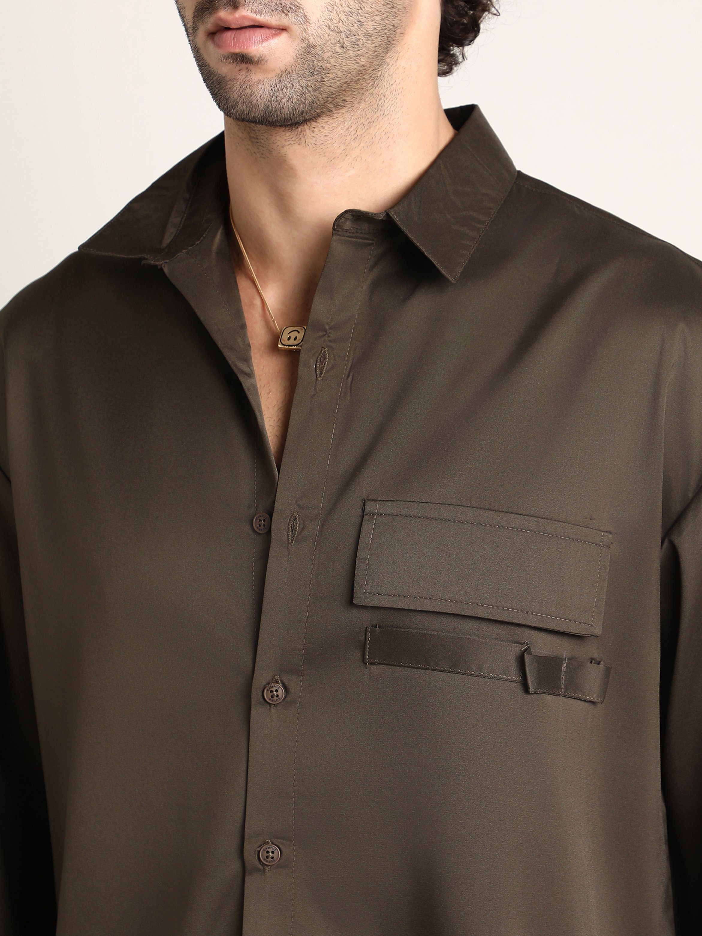 Men Coffee Brown Satin-Utility Oversized Shirt