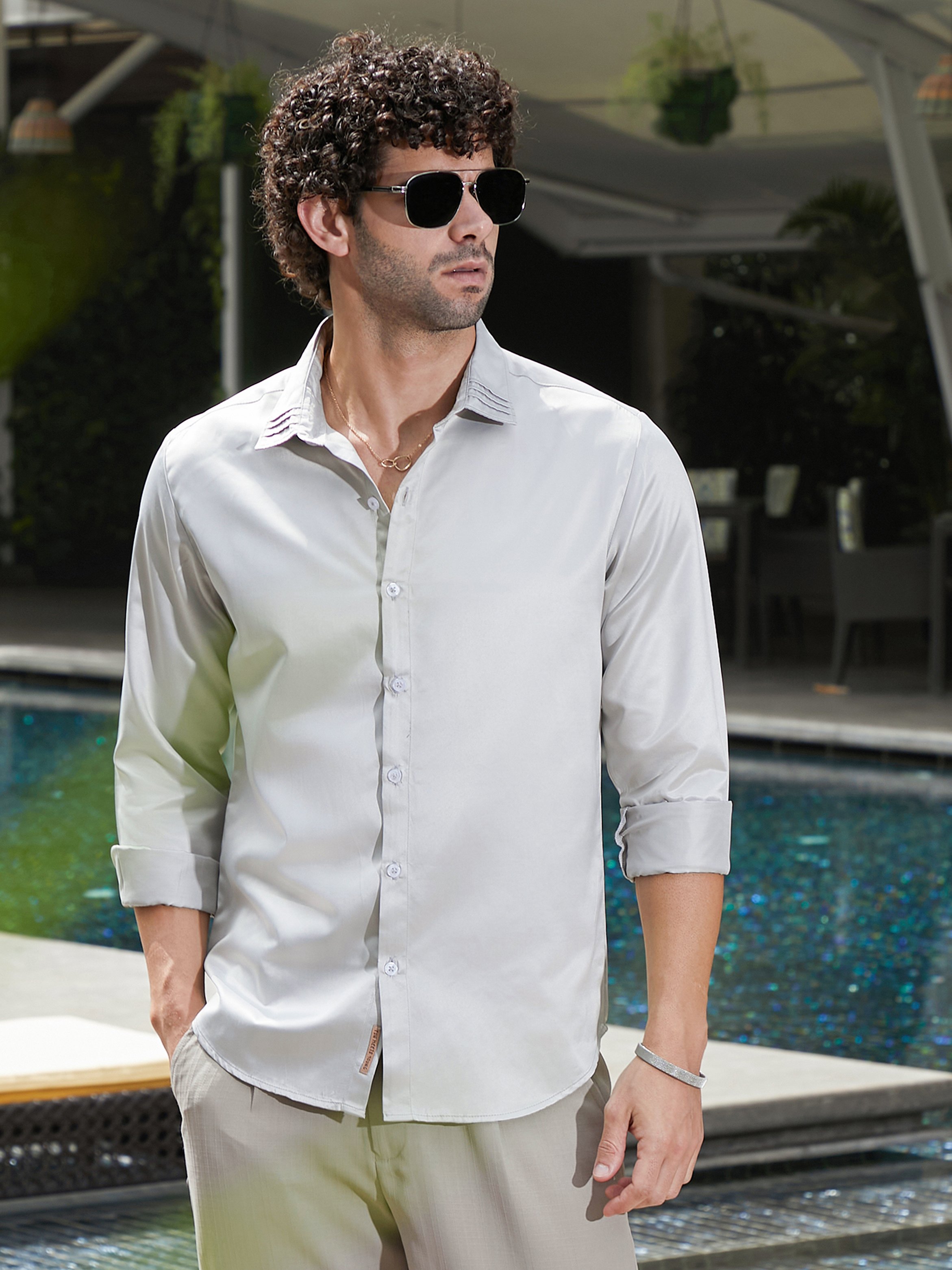 Men Grey Pleated-Collar Shirt