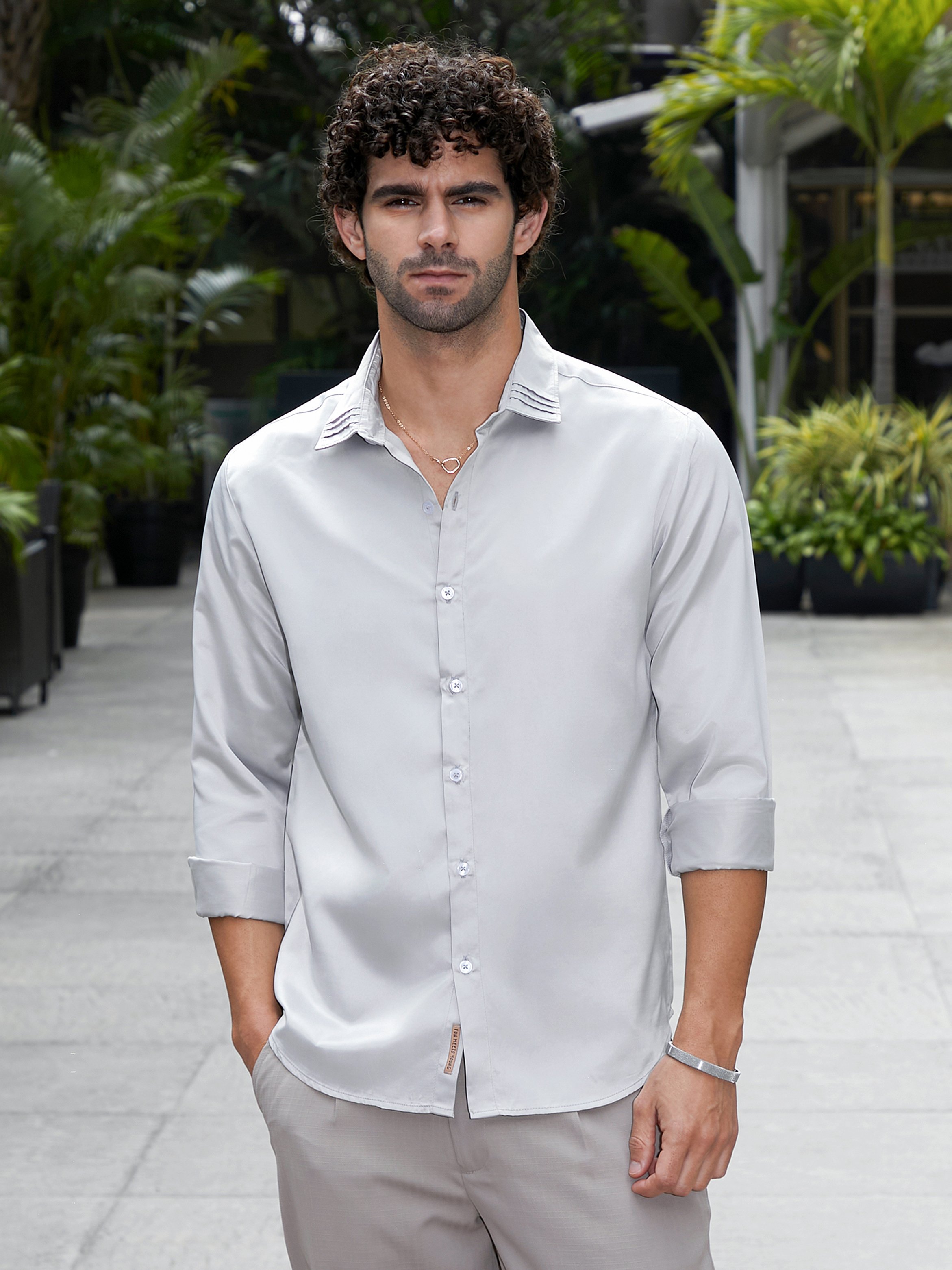 Men Grey Pleated-Collar Shirt