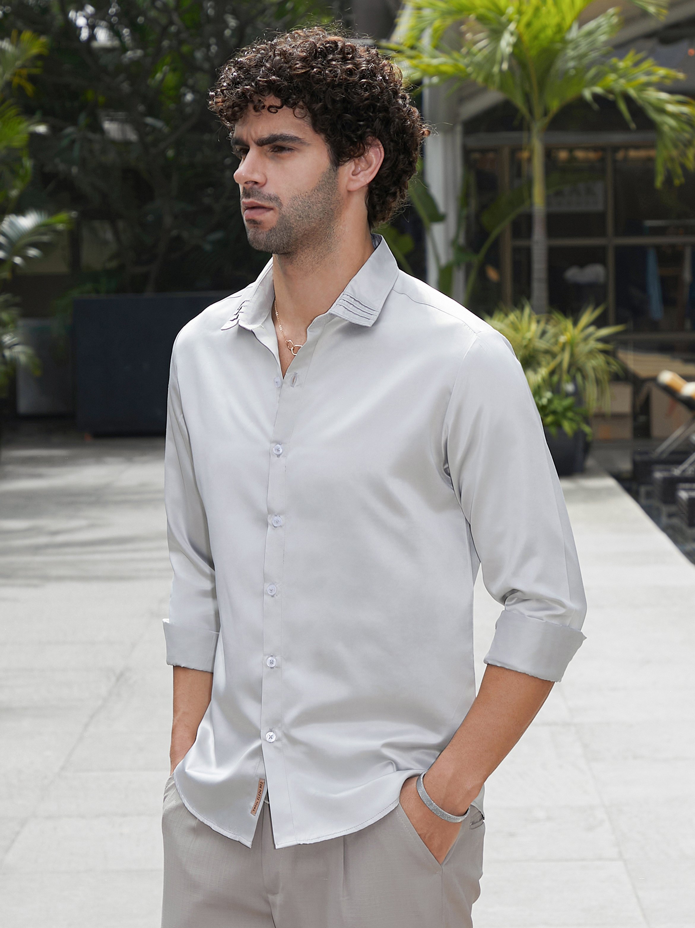 Men Grey Pleated-Collar Shirt
