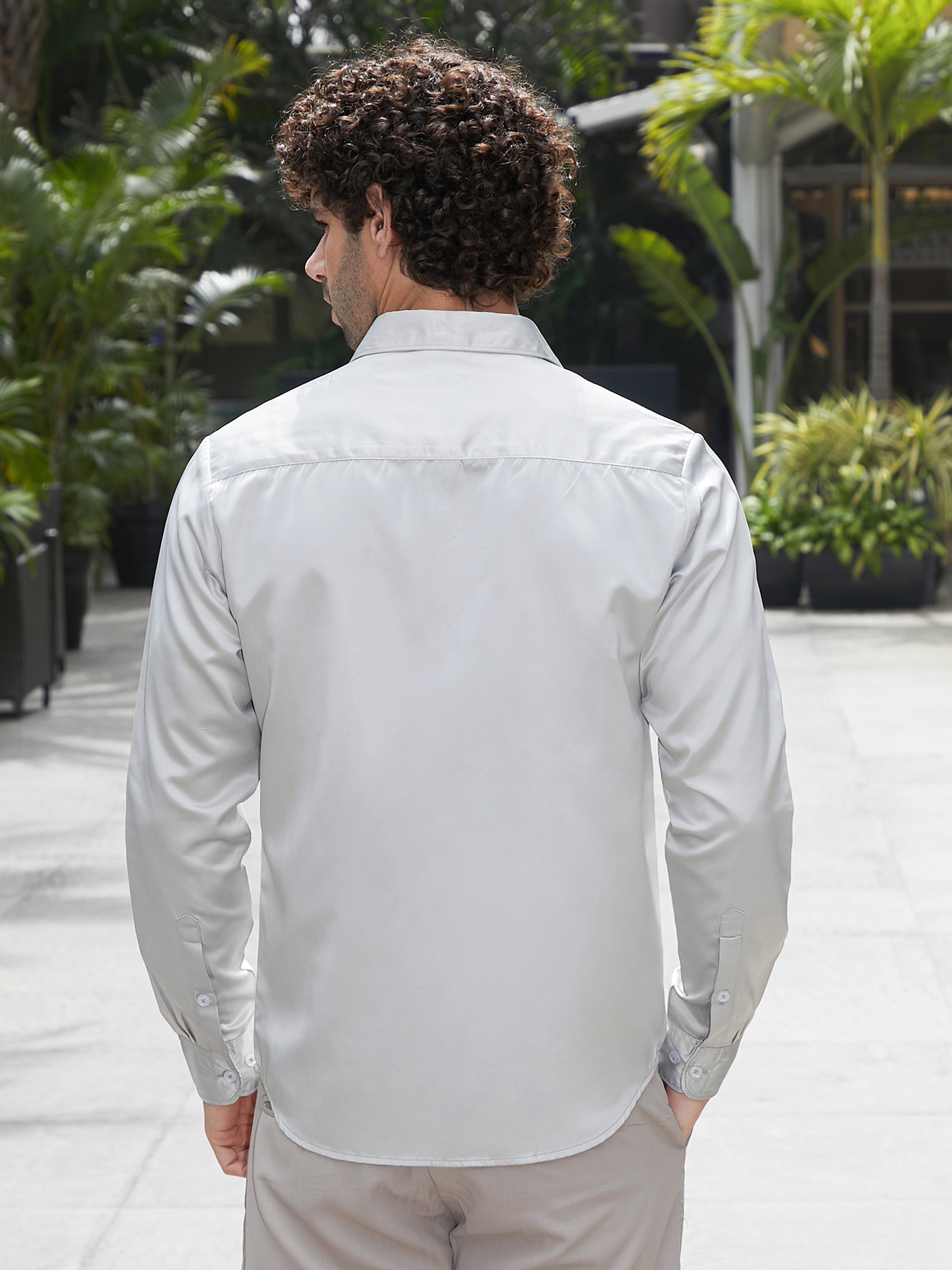 Men Grey Pleated-Collar Shirt