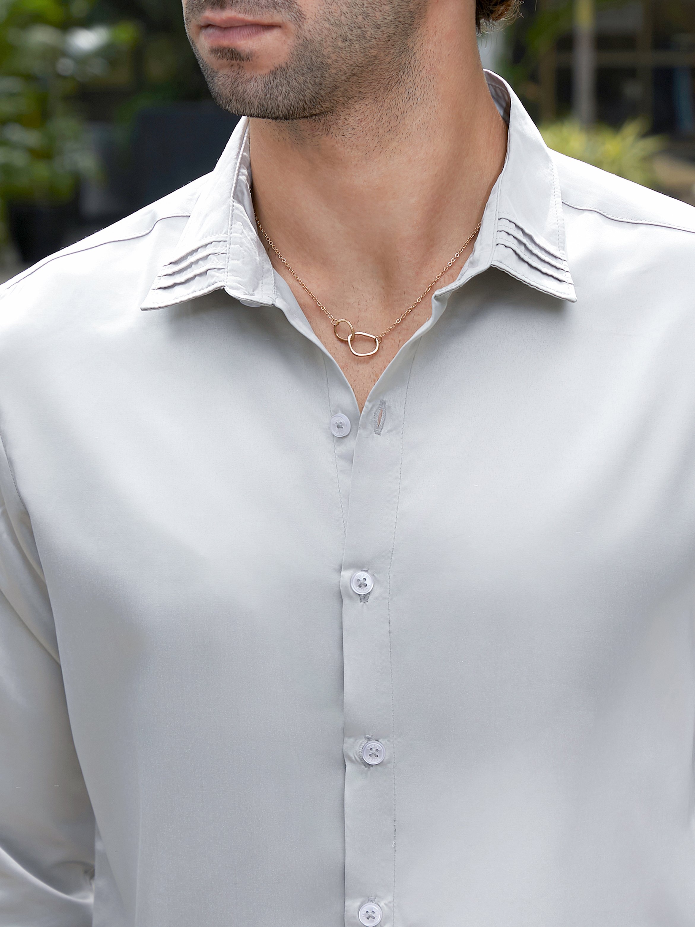 Men Grey Pleated-Collar Shirt