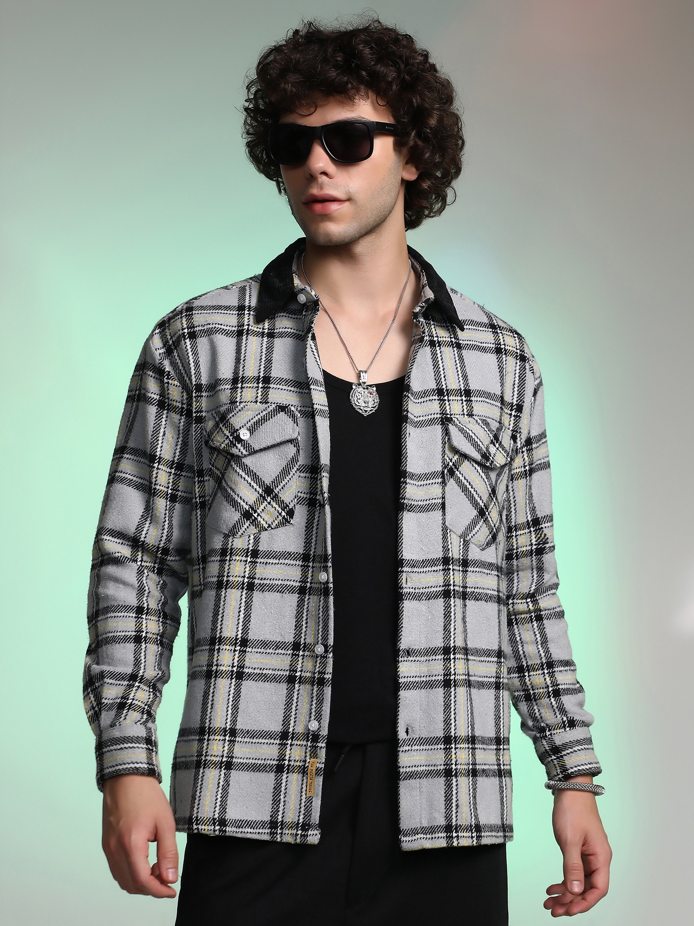 Men Coin Grey Plaid Utility Oversized Shirt