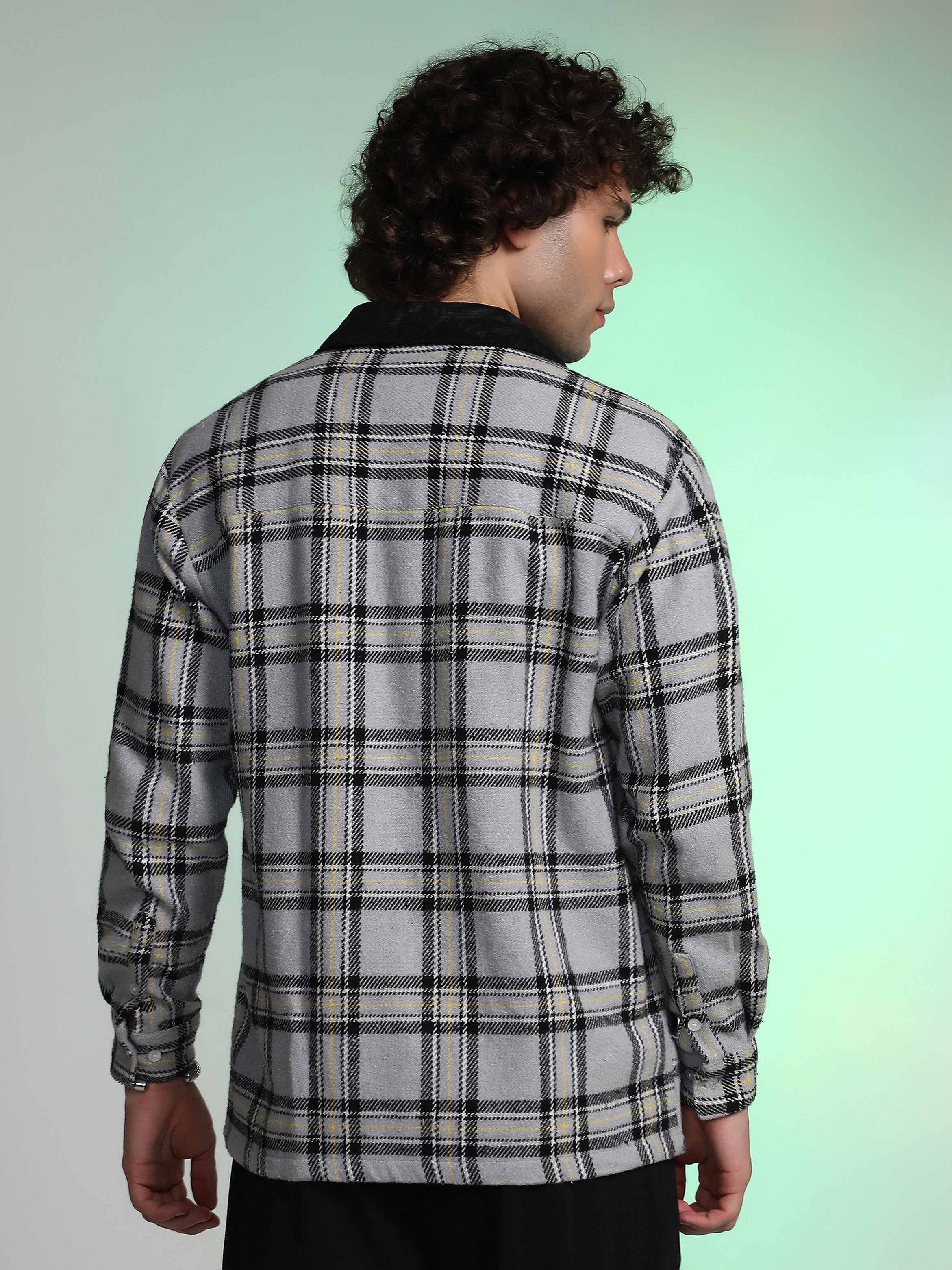 Men Coin Grey Plaid Utility Oversized Shirt