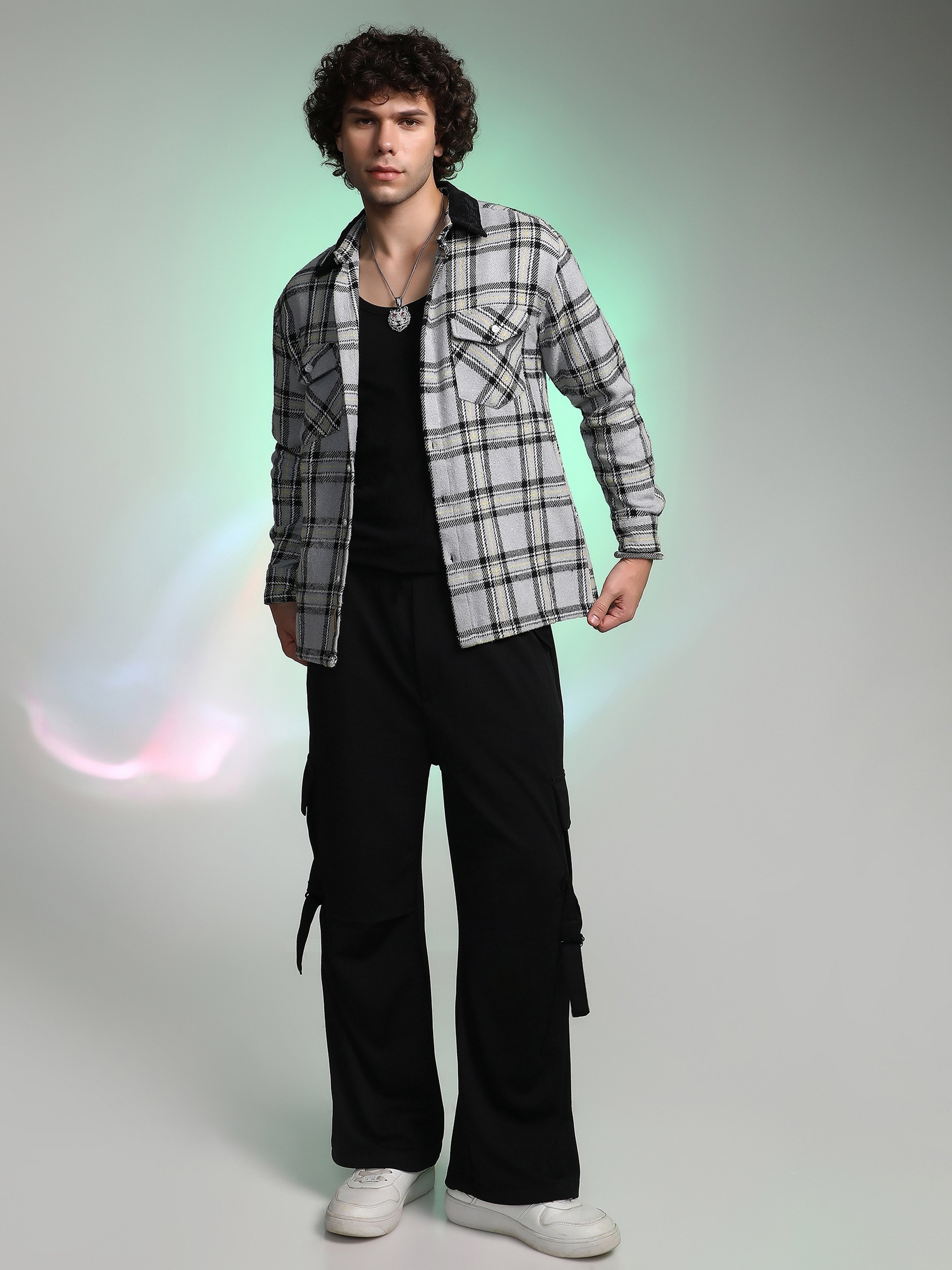 Men Coin Grey Plaid Utility Oversized Shirt