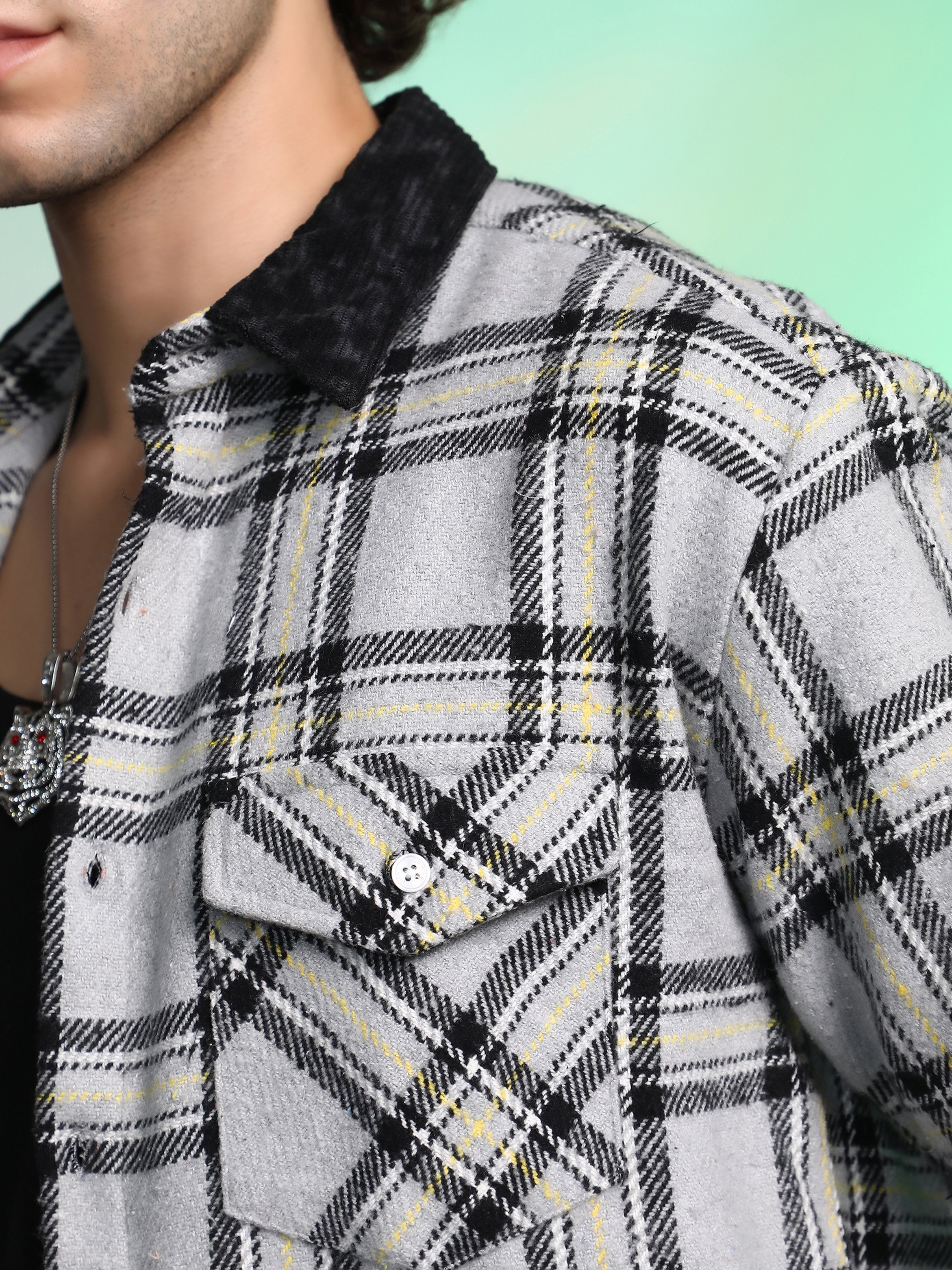 Men Coin Grey Plaid Utility Oversized Shirt