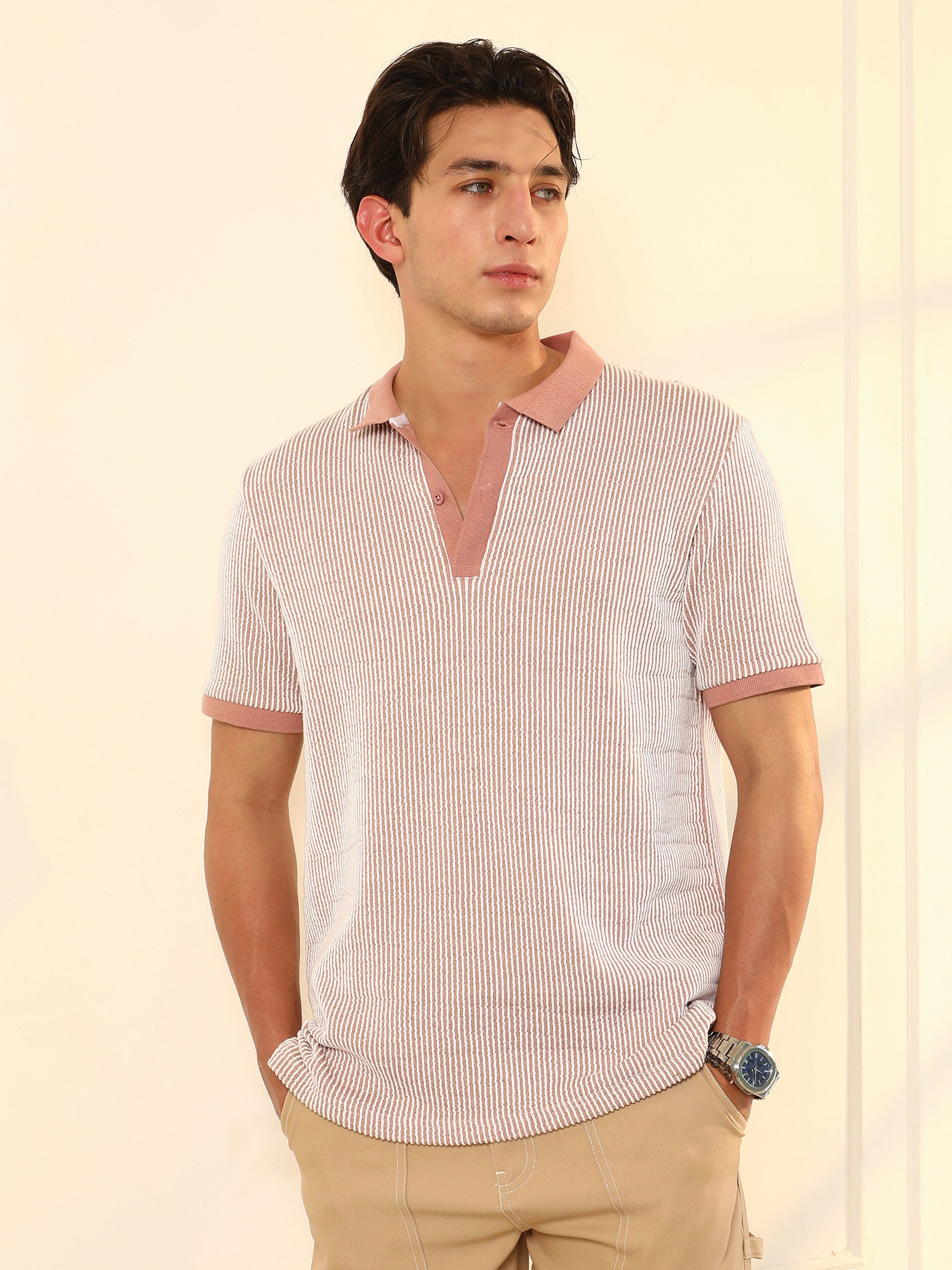 Men Nude Pink Striped Polo