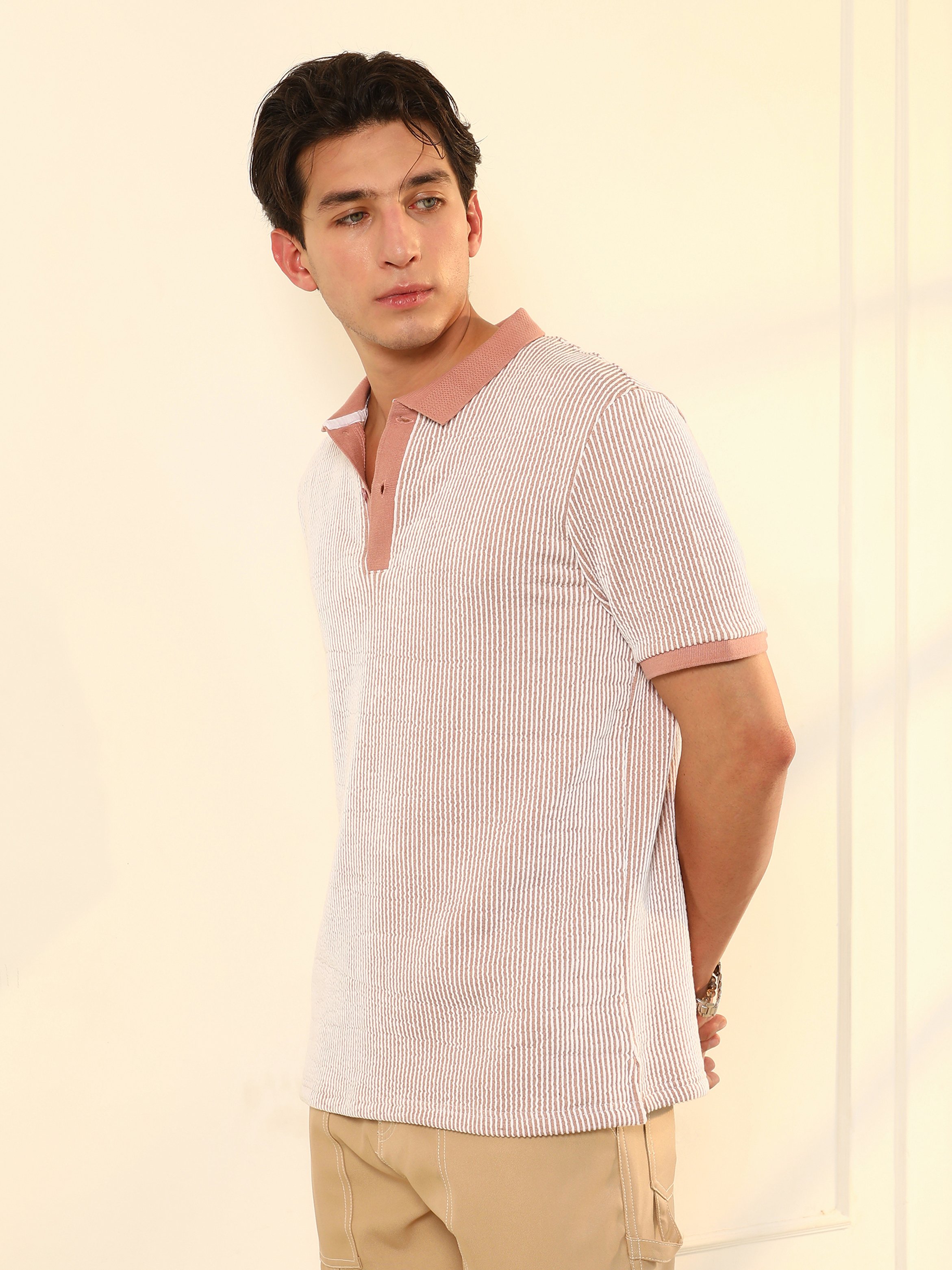 Men Nude Pink Striped Polo