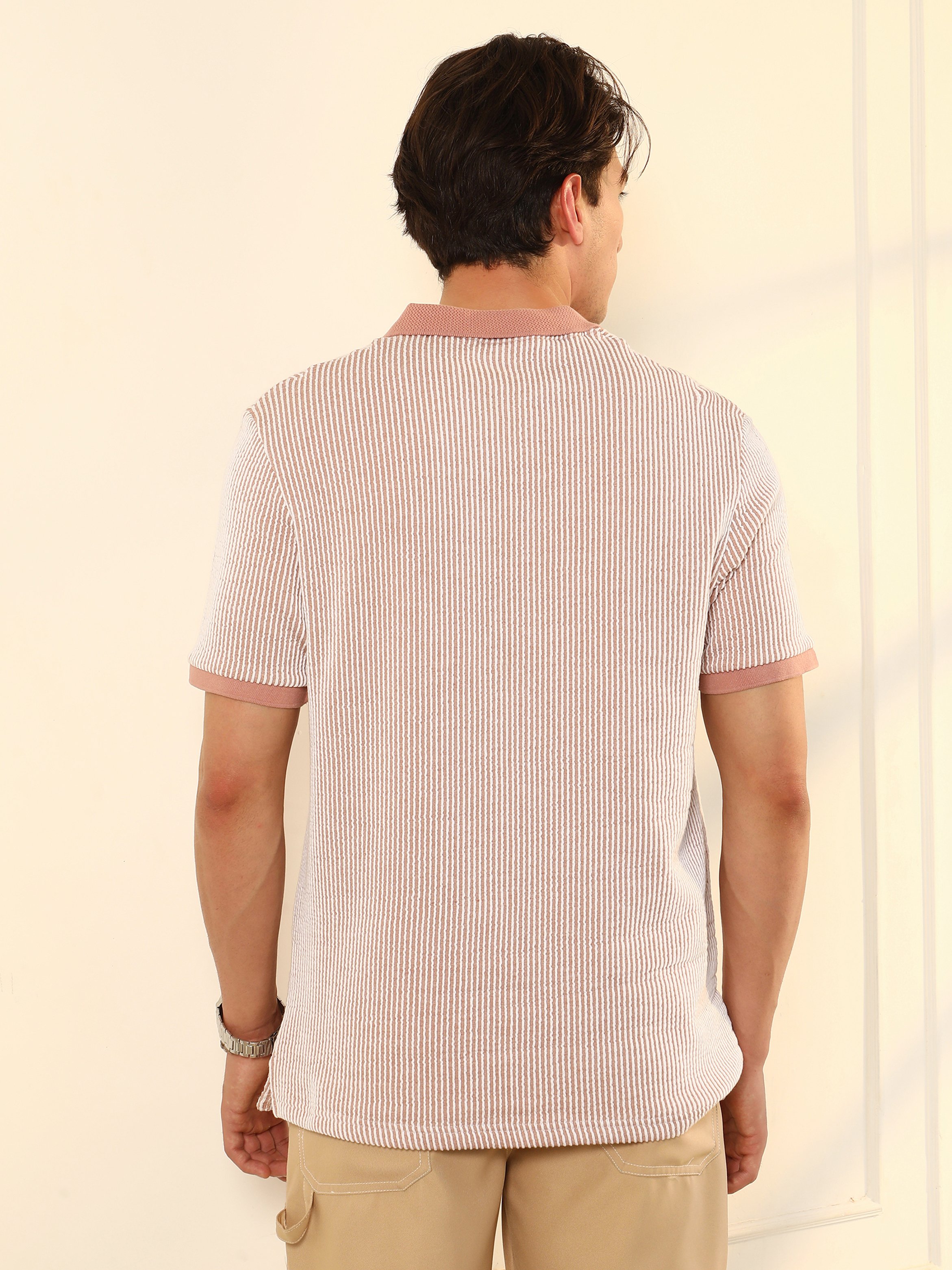 Men Nude Pink Striped Polo