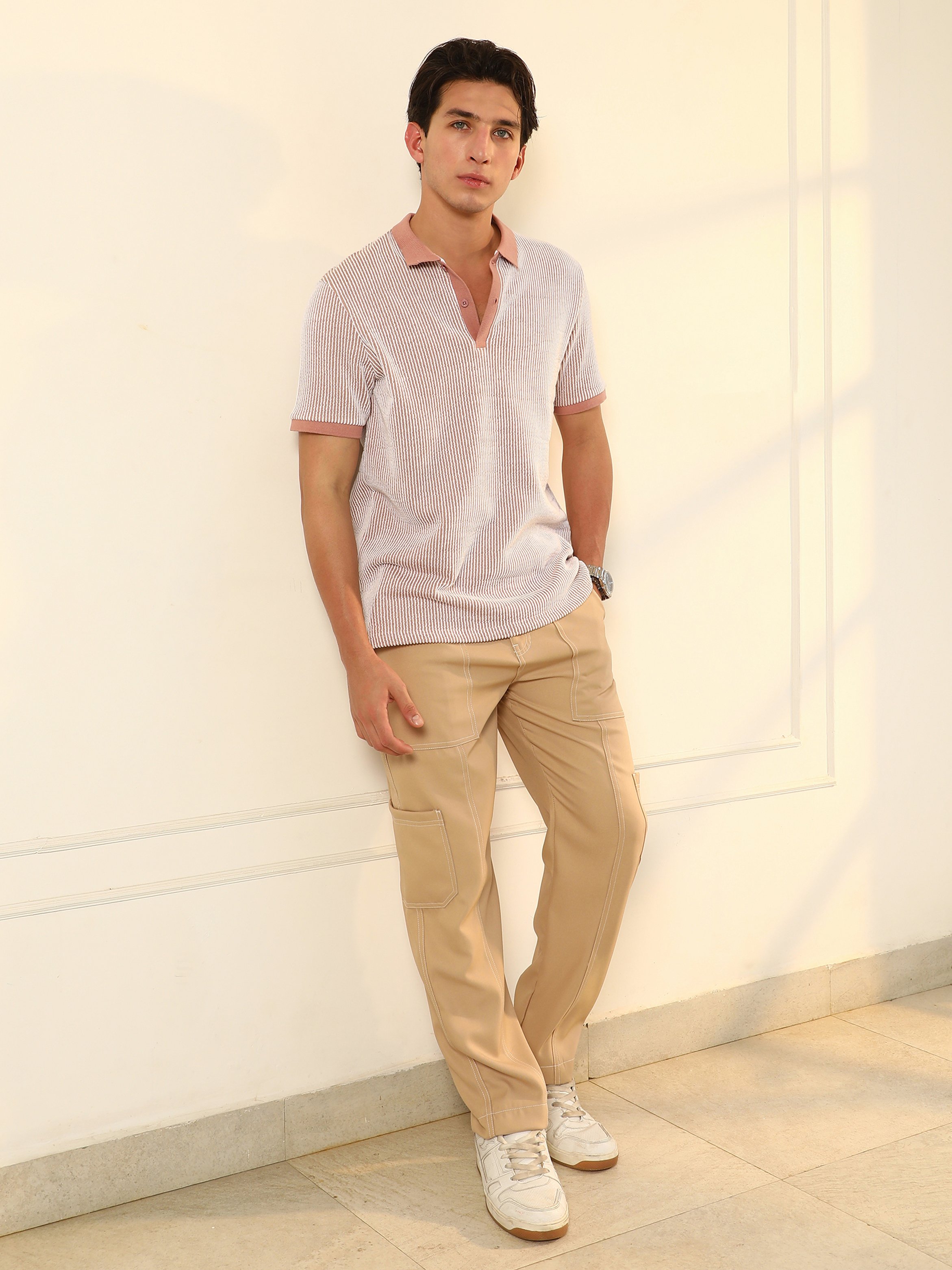 Men Nude Pink Striped Polo